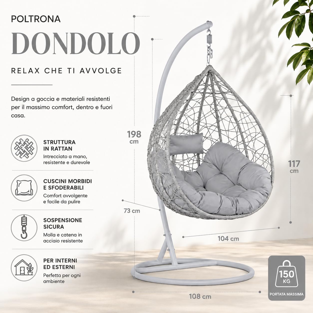 Poltrona a Dondolo Sospesa da Giardino Estosa Ferro Diametro 108cm Altezza 198cm Fibra Sintetica Cuscini Poliestere Portata 120kg