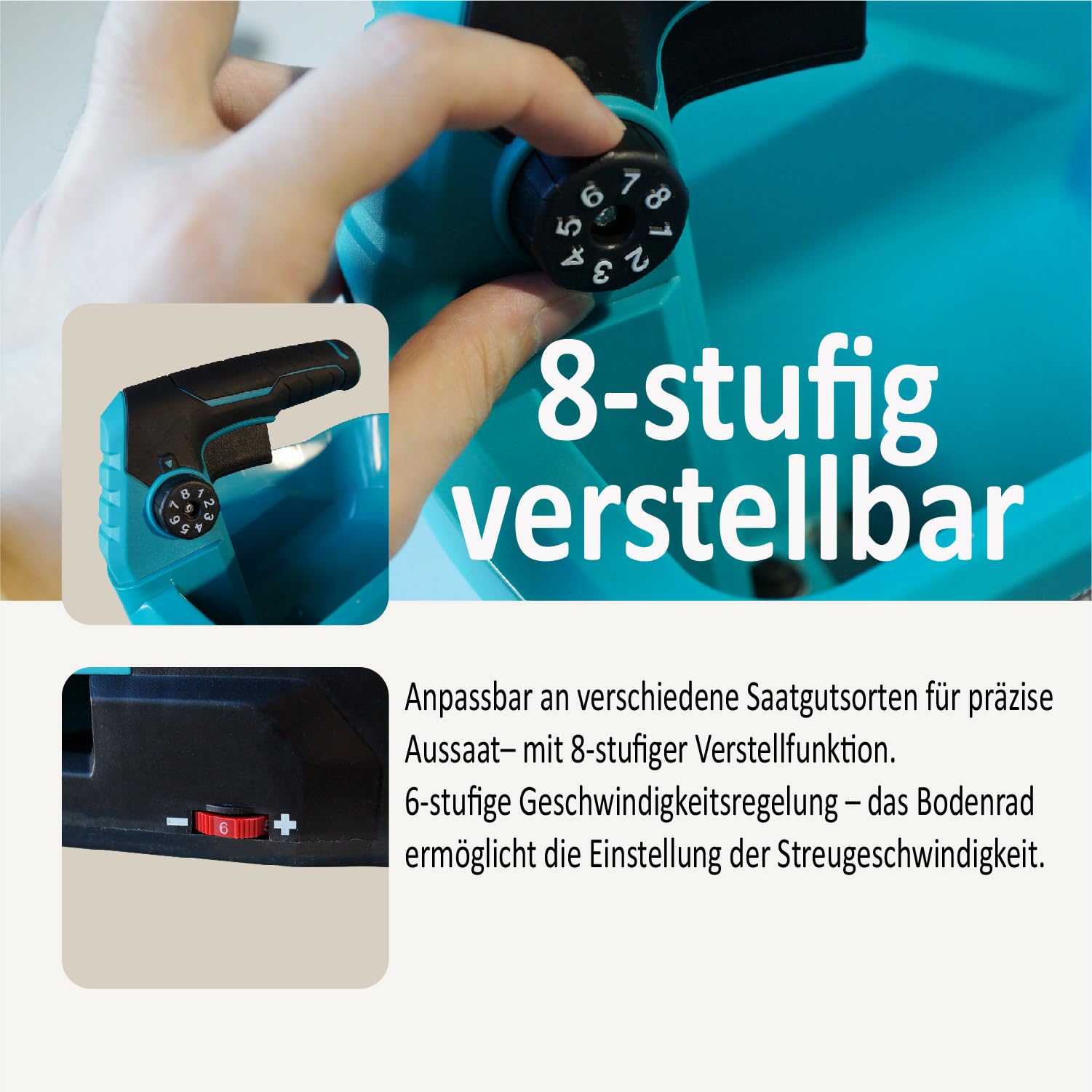 Kurflo Kabelloser Saatgutverteiler, Akku Streugerät, Elektrischer Streuer 3.3L, 8-stufig einstellbar, für Saatgut, Dünger, Streusalz, Sand, kompatibel mit Makita 18V Akkus, ohne Akku & Ladegerät