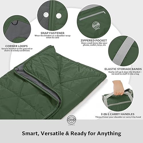 Miniatura 6 de STOVER Manta de forro polar impermeable para exteriores, para campamento, pícnic, estadios, deportes, la playa, cálida, resistente al viento,