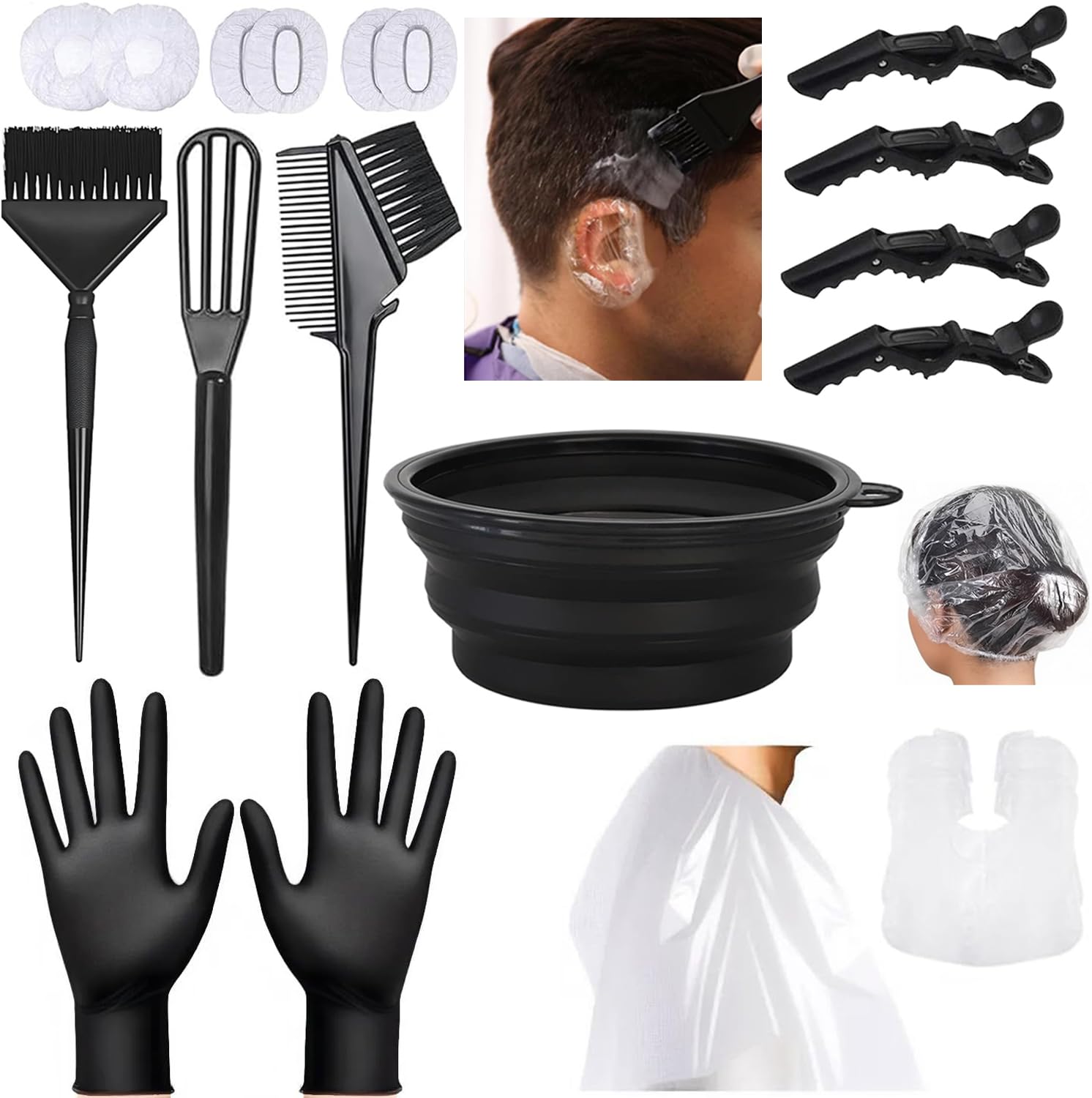 18Pcs Hair Dye Kit Hair Coloring Products with Hair Dye Brush, Includes Hair Color Bowl, Hair Clip, Ear Muffs for Salon Hair Dye Tools and DIY at Home Gray&Black