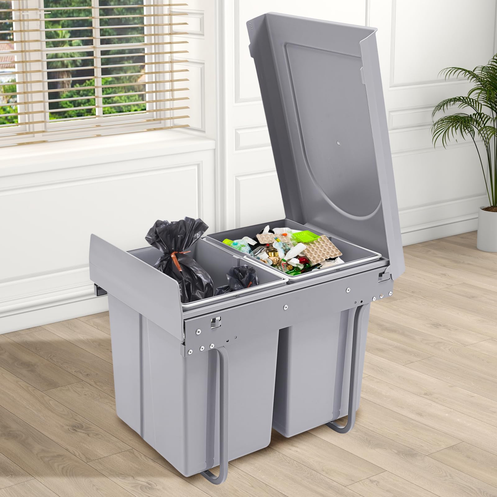 Cubo de basura para cocina, 2 compartimentos (2 x 20 L), extraíble, cubo de basura bajo el fregadero, sistema de separación de residuos para residuos y reciclaje, color gris (con hoja de