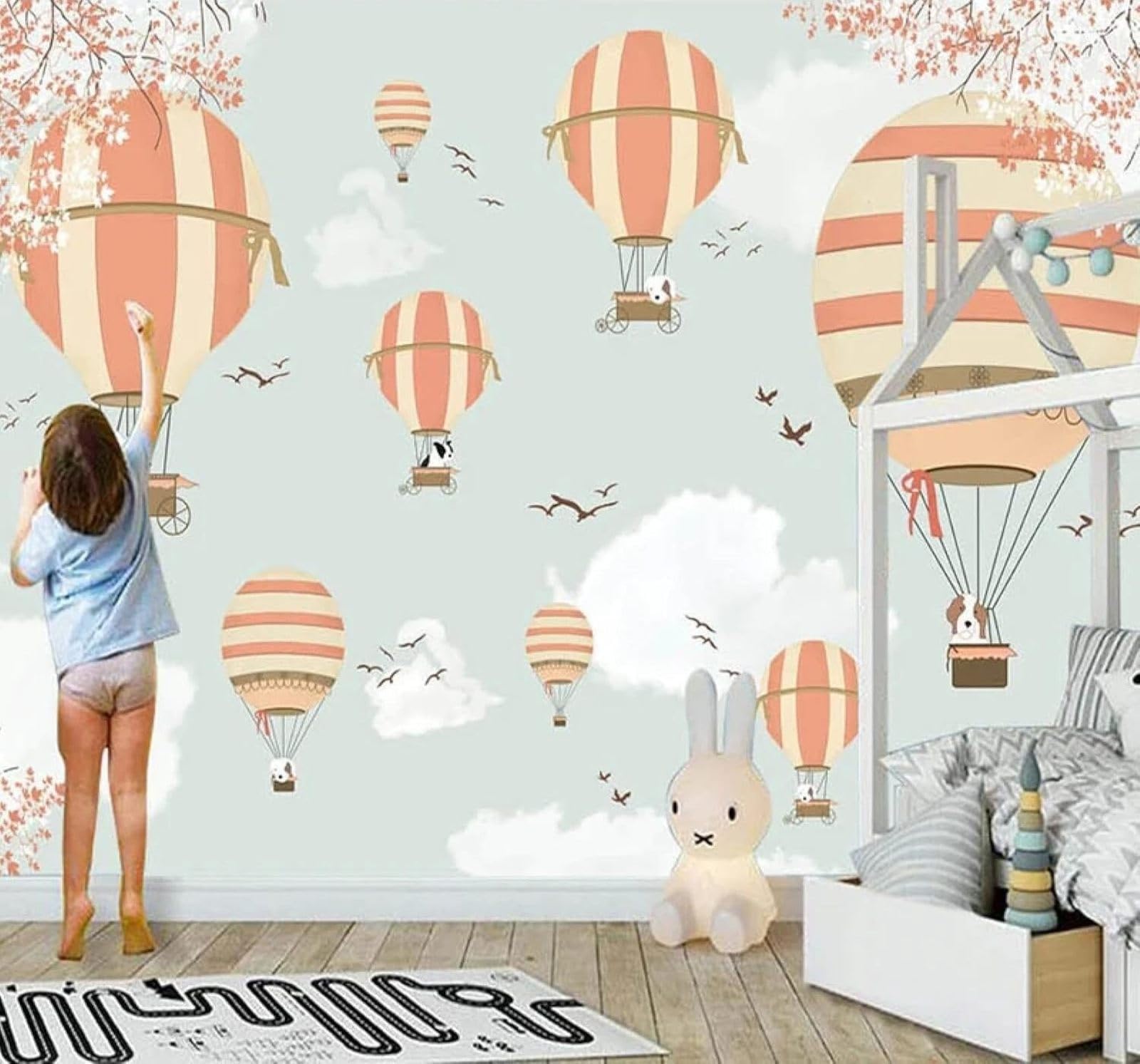 XLMING Cartoon Hot Air Balloon Clouds Birds Animals 3D Wallpaper Silky Texture Home Study Office Grey Dining Room Sofa Bedroom Living Room TV Backdrop-400cm×280cm