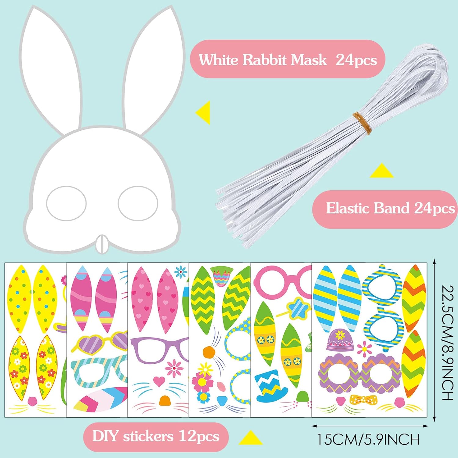 24 Packs Easter Bunny Mask Craft Kits for Kids Easter Crafts and Activities for Pretend Play Bunny Mask Bunny Stickers and Elastic Band for Home DIY Activity Animal Easter Eggs Hunt and Theme Party