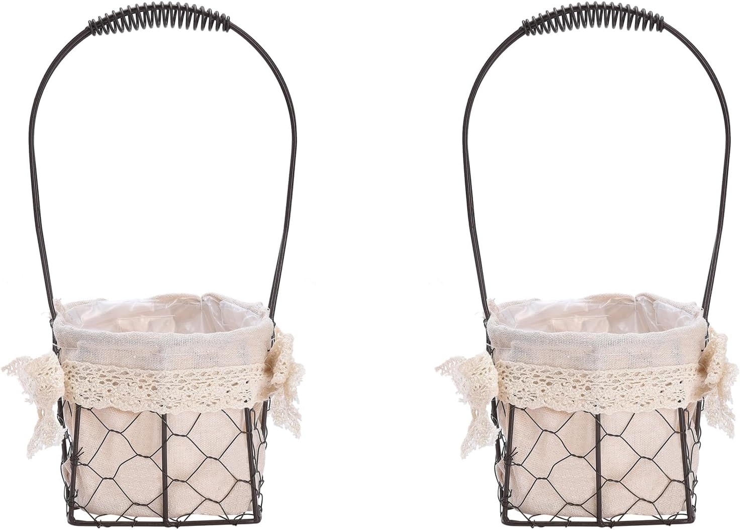 Fofetbfo 2PCS Metal Wire Flower Girl Basket, Metal Geometric Shaped Flower Basket with Handle, Fabric Lining and Bow, Small Vintage Flower Basket for Flower Girl Wedding Ceremony Party