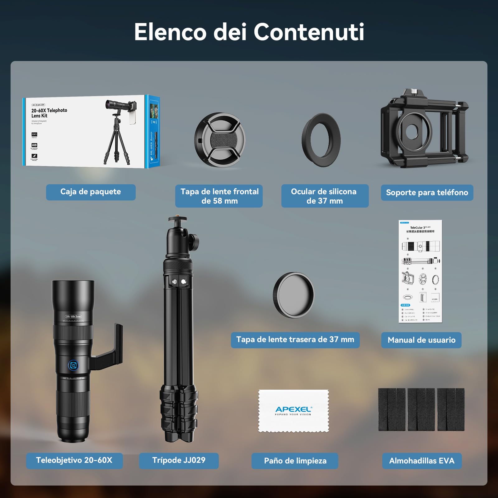 Teleobjetivo con Zoom 20-60X para Teléfonos Inteligentes, Teleobjetivo HD con Soporte para Trípode & Abrazadera Universal para Teléfono, iPhone 16/15/14/13 Series, Samsung & Android
