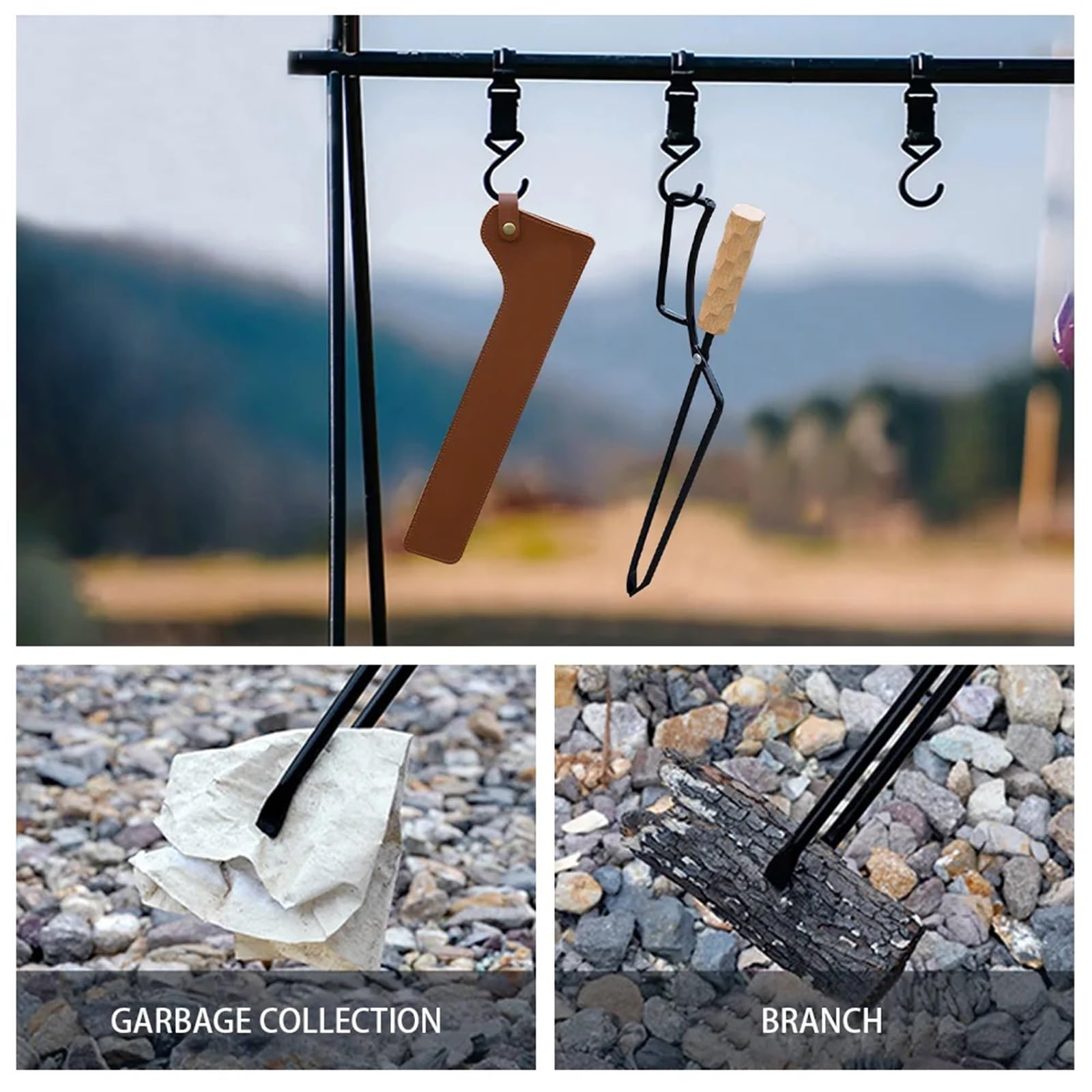 Pinze per Barbecue da Campeggio in Metallo, Set di pinze per Carbone con Manico Lungo, pinze per Il Fuoco, pinze per la Spazzatura in Legno, Clip in Acciaio Inossidabile, Portatili, per Esterni