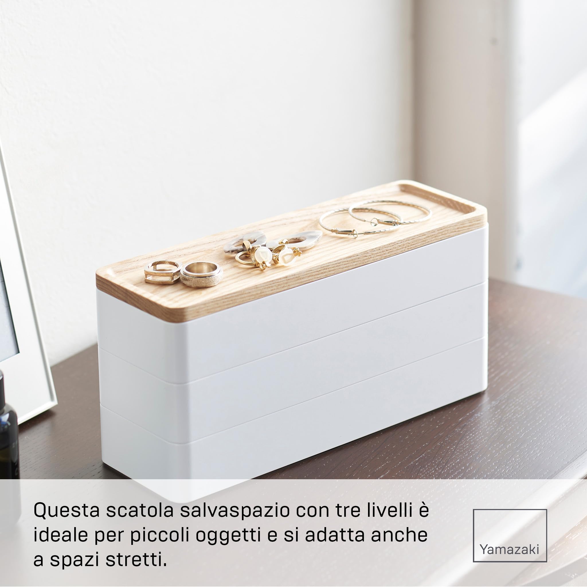 YAMAZAKI 5811 RIN 3Tiered Slim Accessory Case with Lid, white, ABS Resin/Wood, 24 x 8 x 11.5 cm