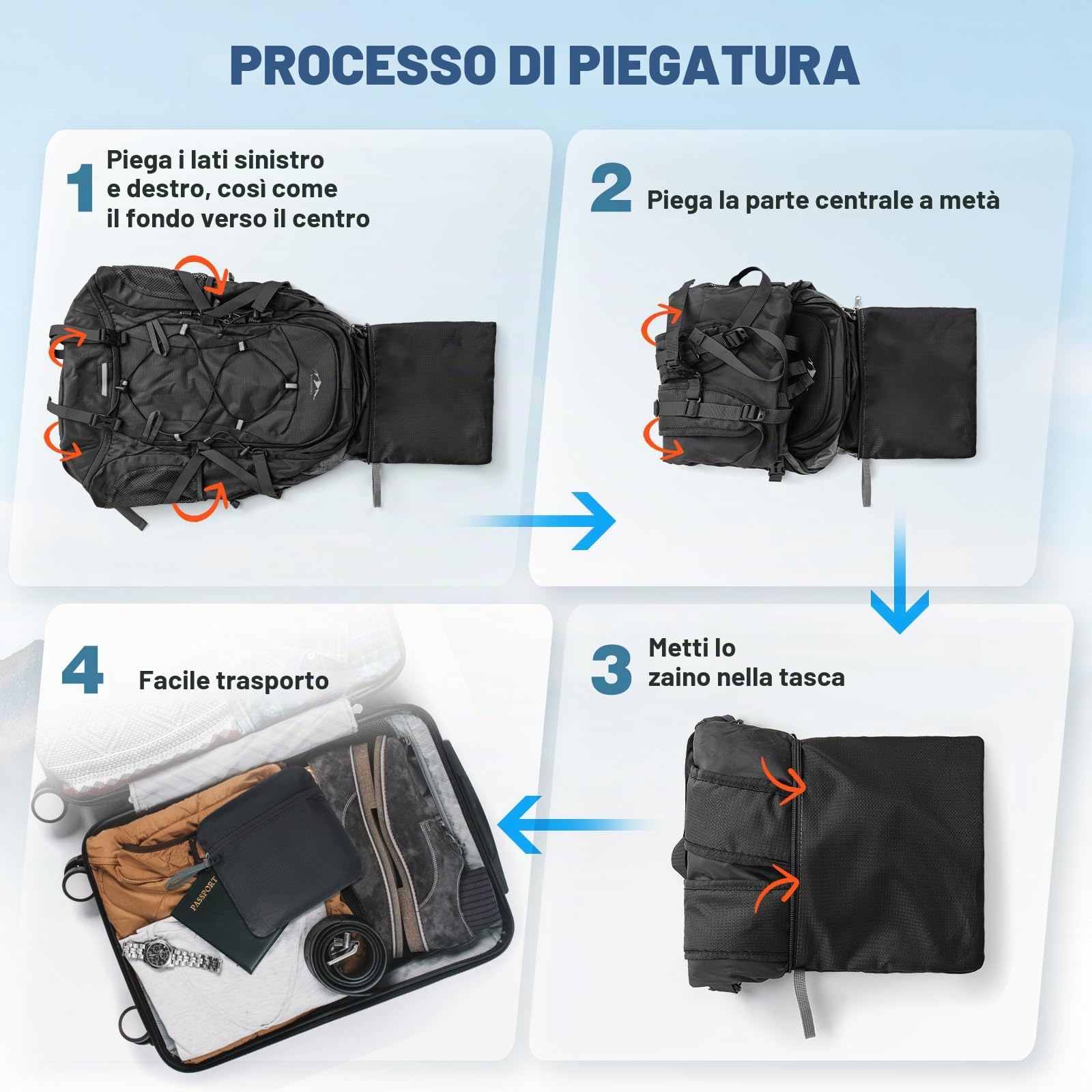 RAINSMORE Zaino Trekking 40 Litri Pieghevole Zaino Montagna Per Uomo Donna | Impermeabile Ultraleggero Zaino Da Viaggio Per Arrampicata,Escursionismo Nero
