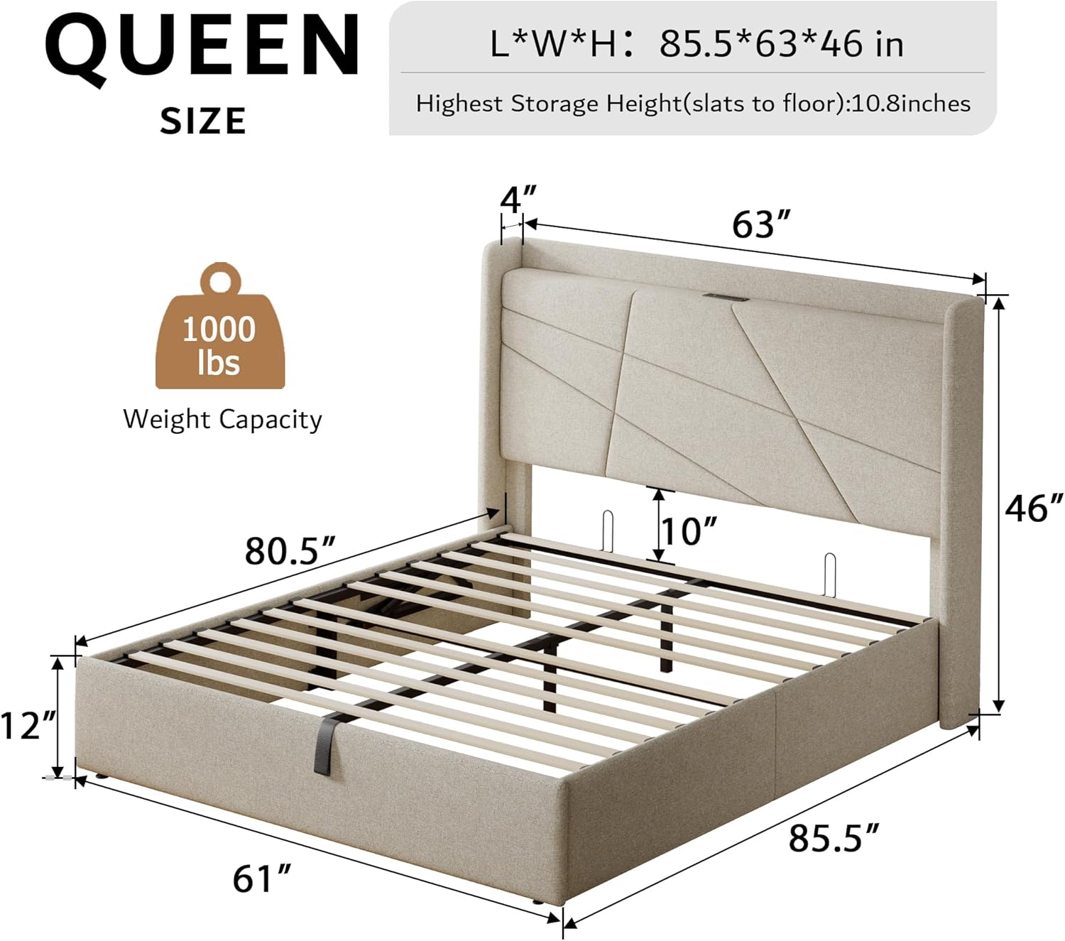Diagram showing the dimensions of the Queen size iPormis bed frame.