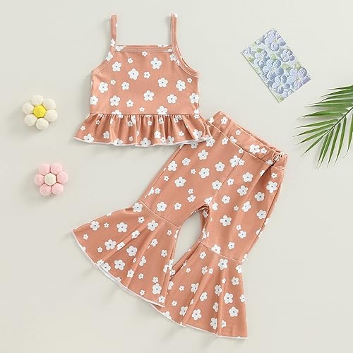 Miniatura 9 de Ropa de verano para bebé niña, sin mangas, estampado floral, correa acanalada, parte superior acampanada, pantalones de 2 piezas