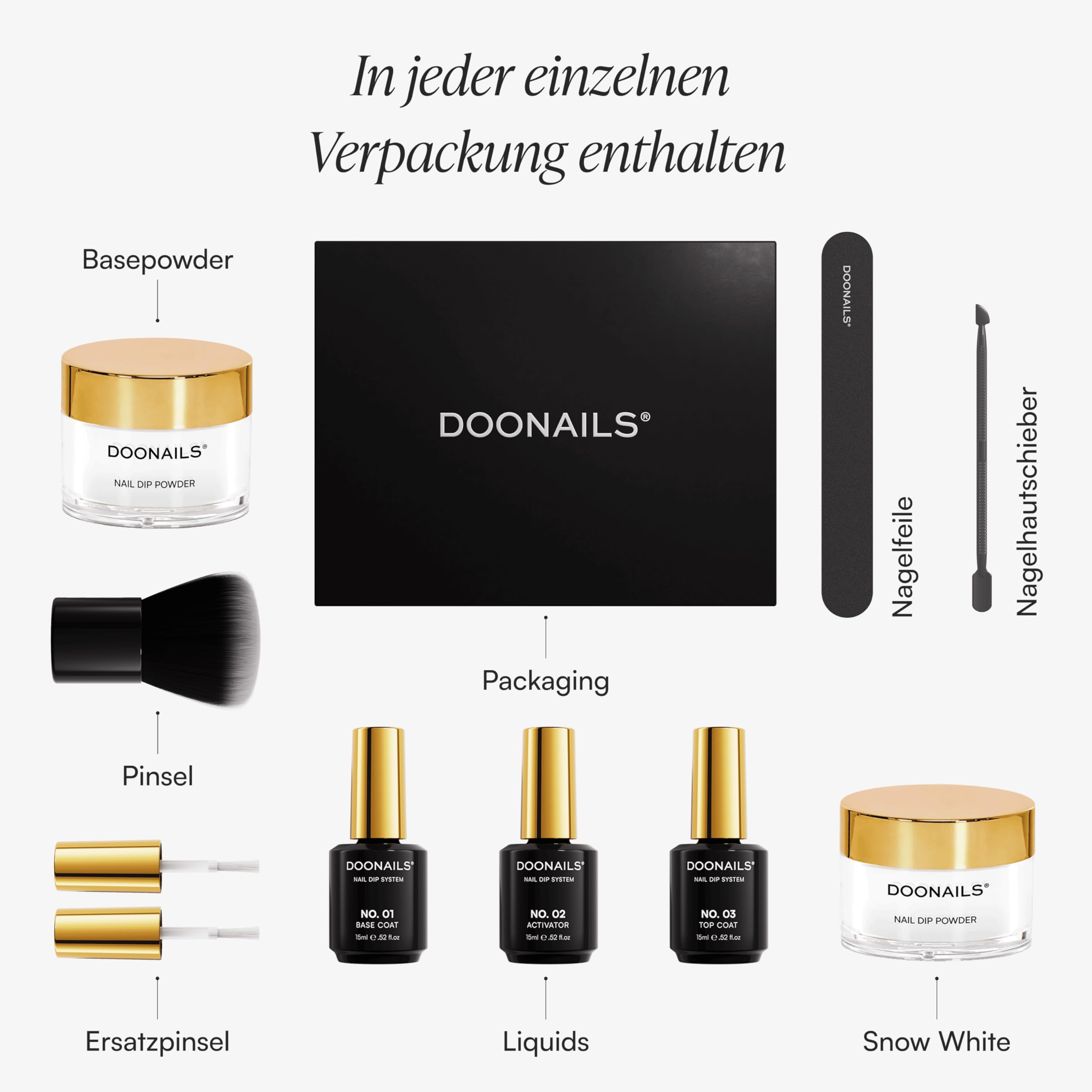 DOONAILS – Dipping Powder Nails Set Probierset Snow White – 8-teiliges Nagel Probierpaket für salonschöne Pediküre & Maniküre – Vegan & tierversuchsfrei – Schnelle Trocknung ohne UV-Lampe