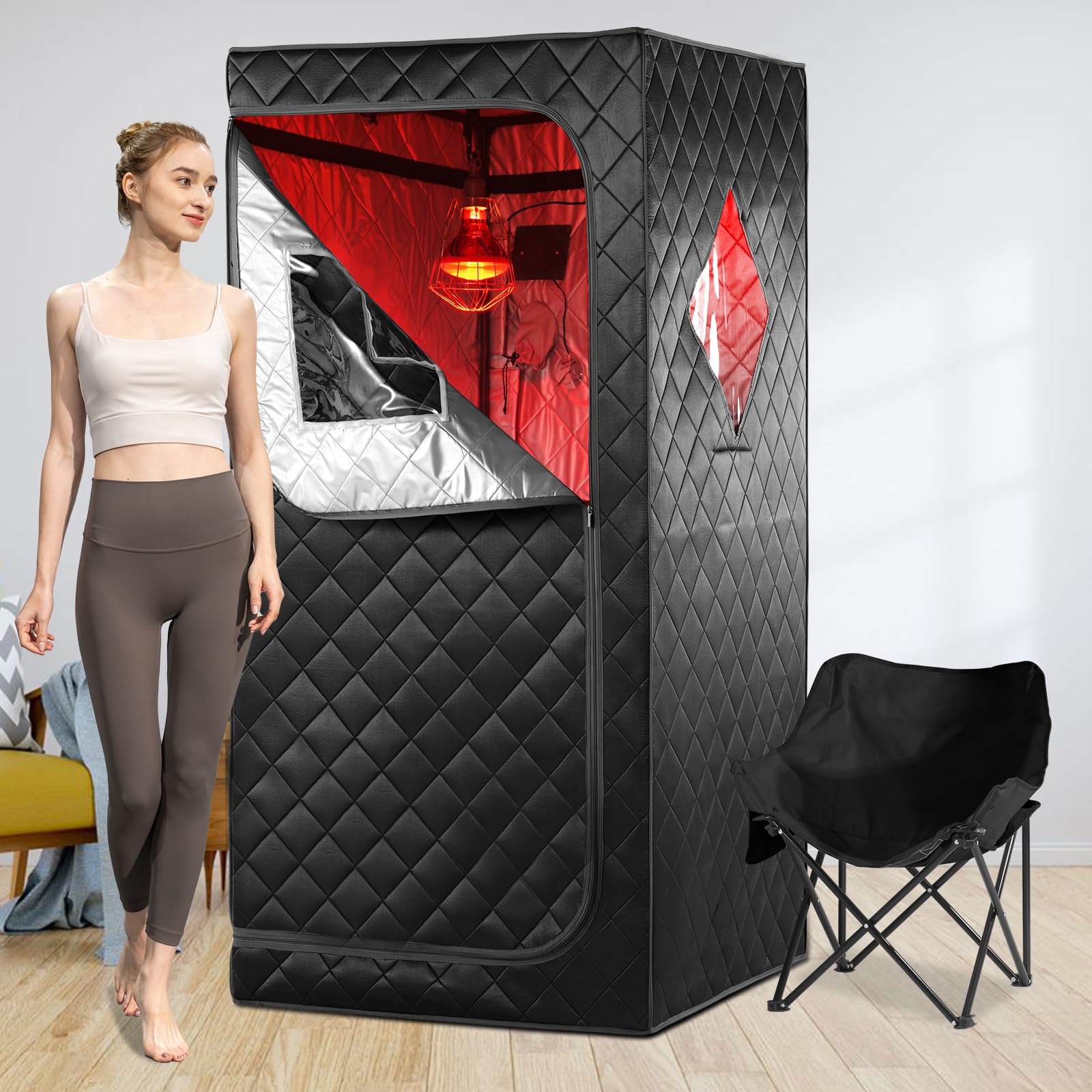 Portable Personal Far Infrared Sauna Box for Home with 660nm Red Light Threapy Bulbs, Remote Control, Heating Foot Pad, Upgraded Comfortable Chair