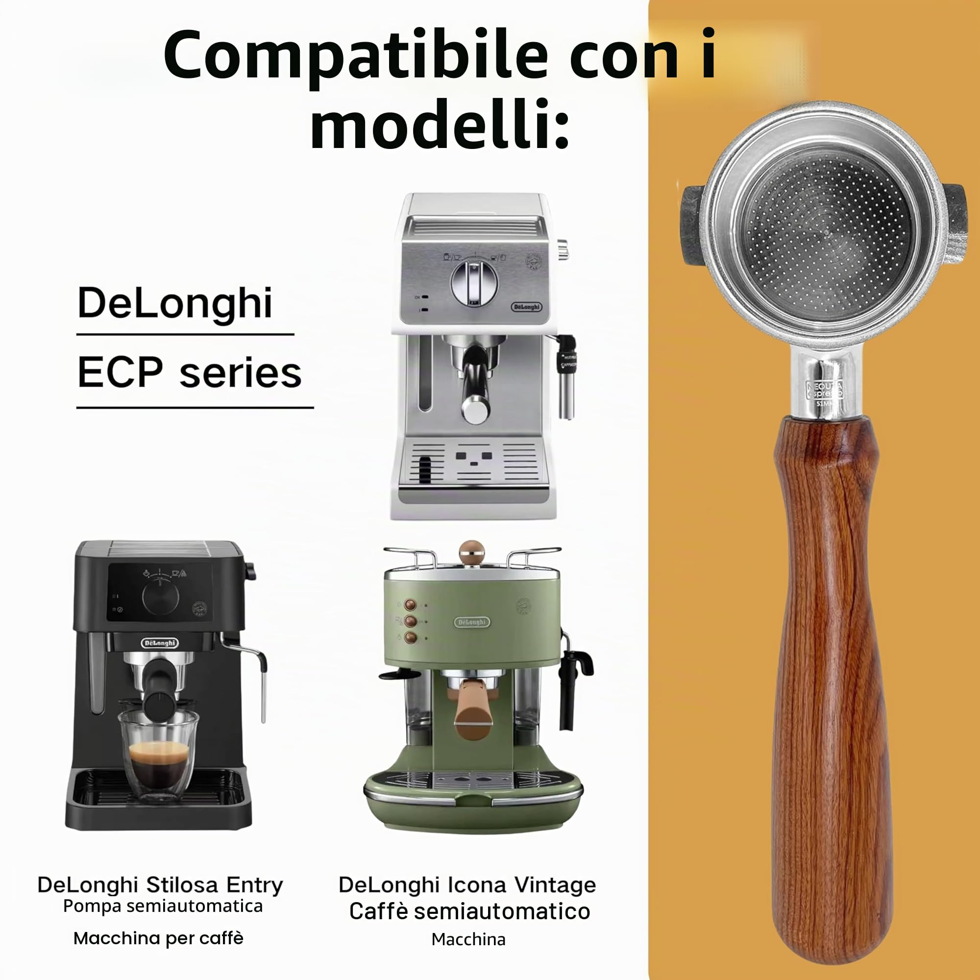 Neouza - Portafiltro per caffè senza fondo, 51mm, compatibile con la macchina per espresso DeLonghi ECOV311, senza supporto, manico in legno per caffè in omaggio(2 orecchie)