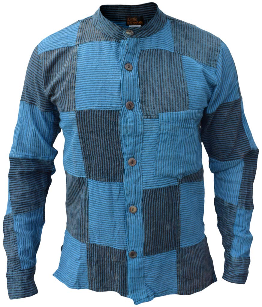 Gheri Men's Blue Black Stripe Pin Striped Cotton Grandad Button Down Summer Shirts Blue Black Medium