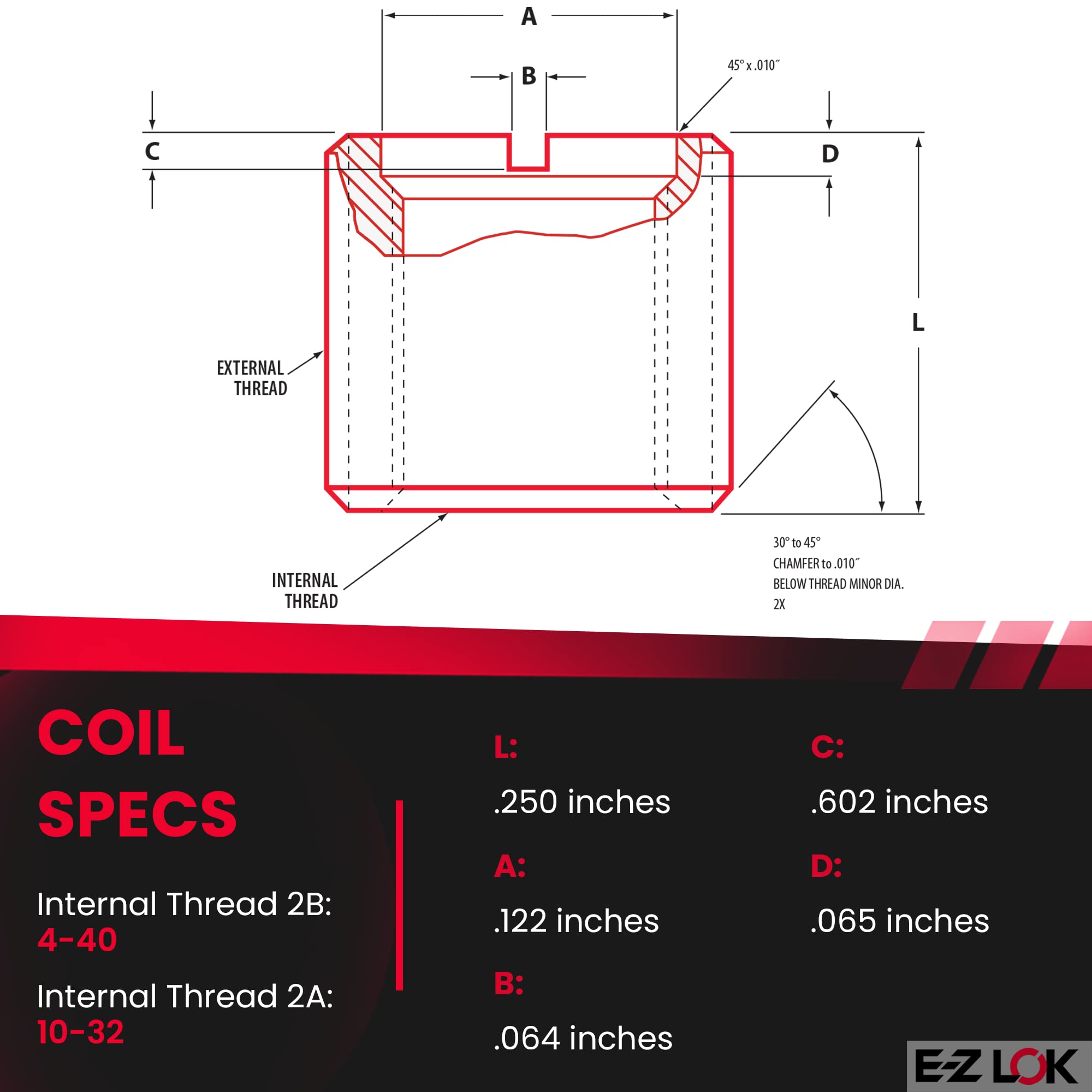 4-40 Internal 10-32 External Inserts E-Z Lok Externally Threaded Insert,  C12L14 Carbon Steel, Meets AISI 12L14/Metric, M10-1.25 Internal Threads,  9/16
