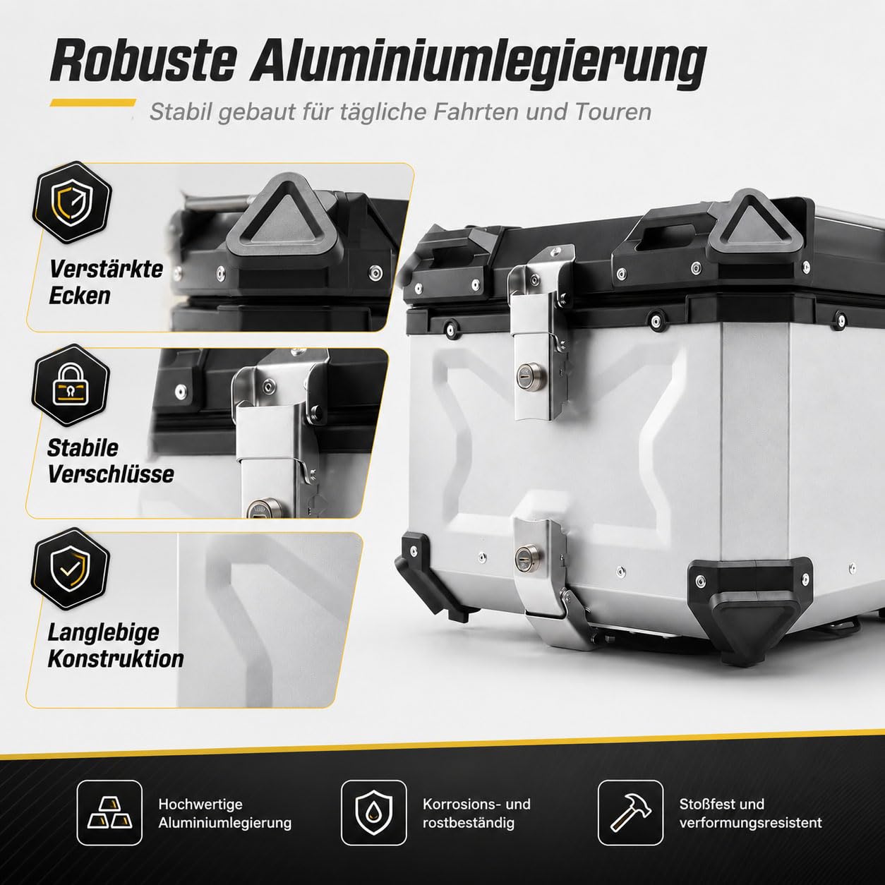 Baúl Moto y Scooter de Aluminio, Top Case Moto con Cerradura, Respaldo, Forro Interior y Base de Liberación Rápida, Maleta Trasera Resistente al Agua para Casco,Plata,45L