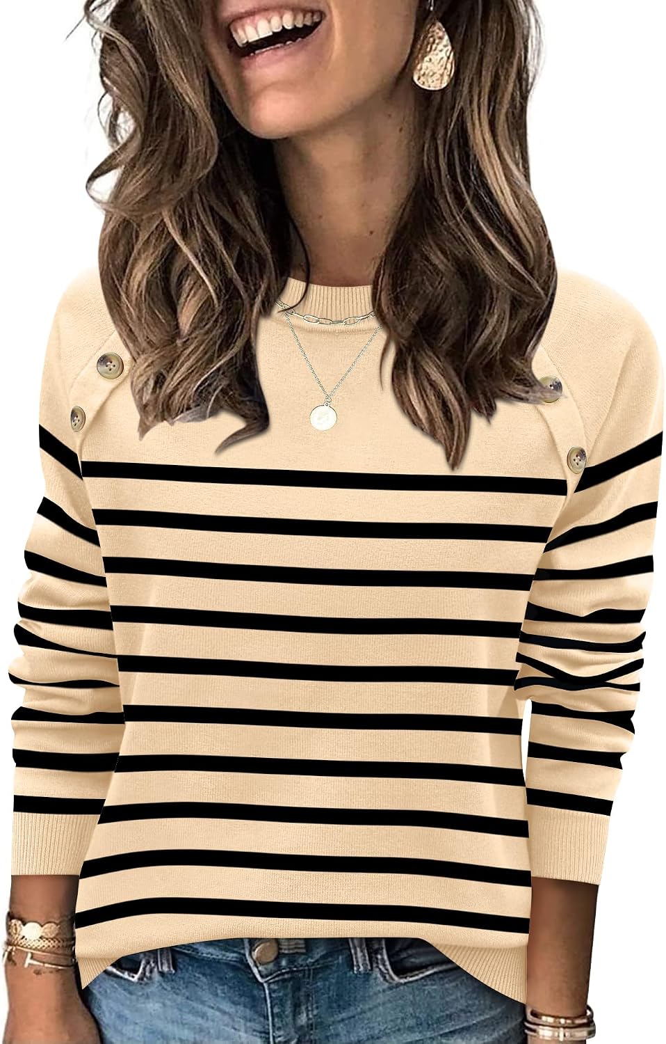 Rapbin Womens Sweater Crew Neck Long Sleeve Knit Lightweight Pullover Tops Casual Buttons Decor Tunic