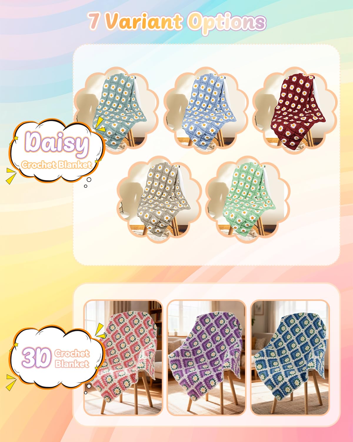 Coopay Kit Crochet Debutant Complet pour Granny Square avec Pelotes de Laine Crochet à Crocheter Couverture, Vidéo Tutoriel, Cadeau de Crochets Tricot - Bleu