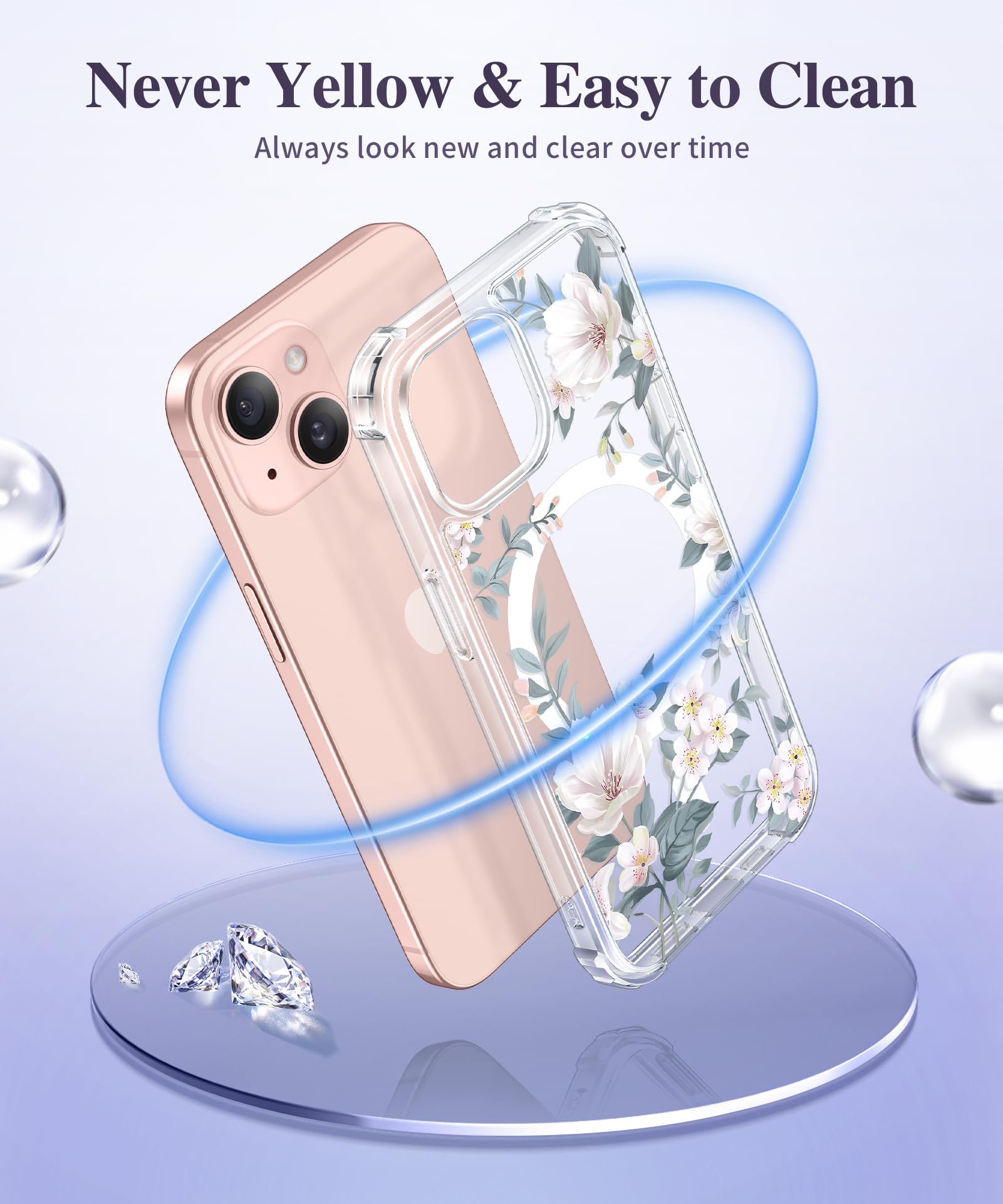 GVIEWIN Compatible With IPhone 15 Pro Max Case 6.7" 2023, With Screen Protectors Camera Lens Protectors, Non-yellow Flower Clear TPU Slim Bumper Shockproof Anti-Scratch Protective Cover,Magnolia/White