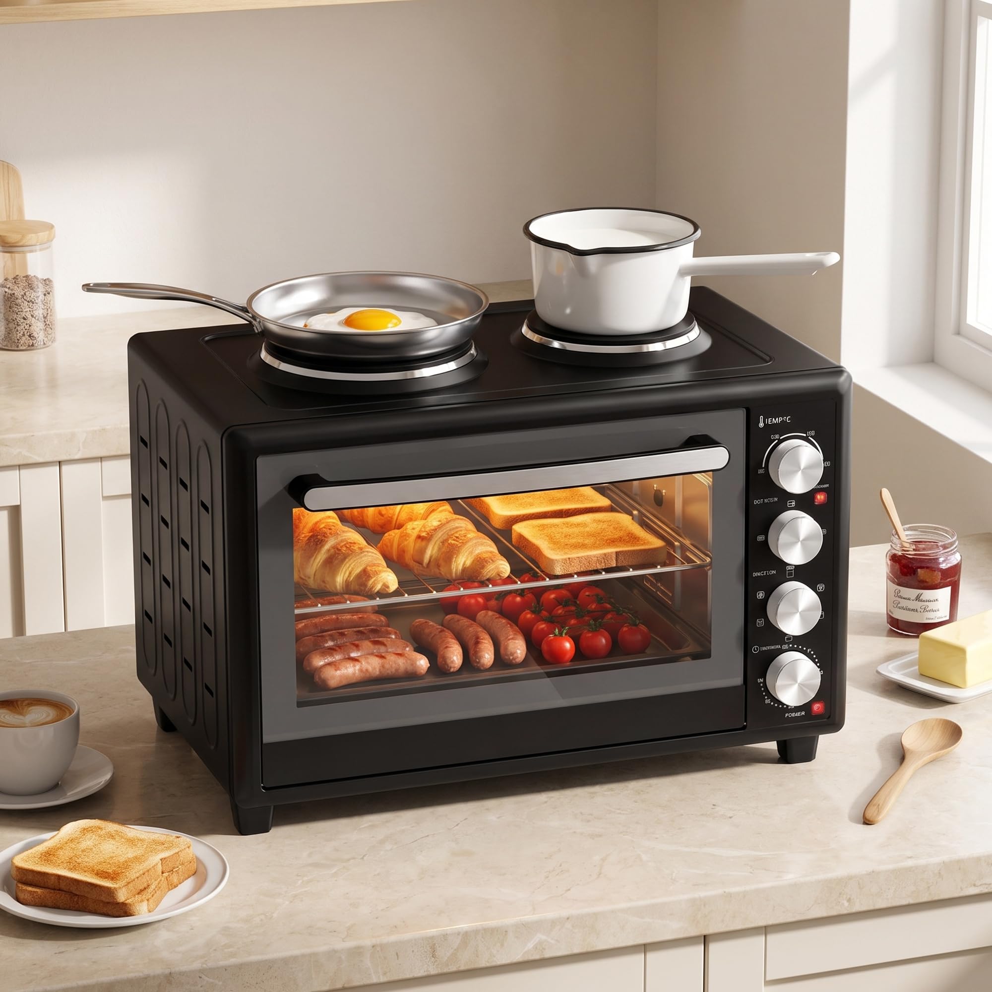 HOMCOM Mini-Four avec 2 Plaques de Cuisson, Broche Rotative, 46L, Noir
