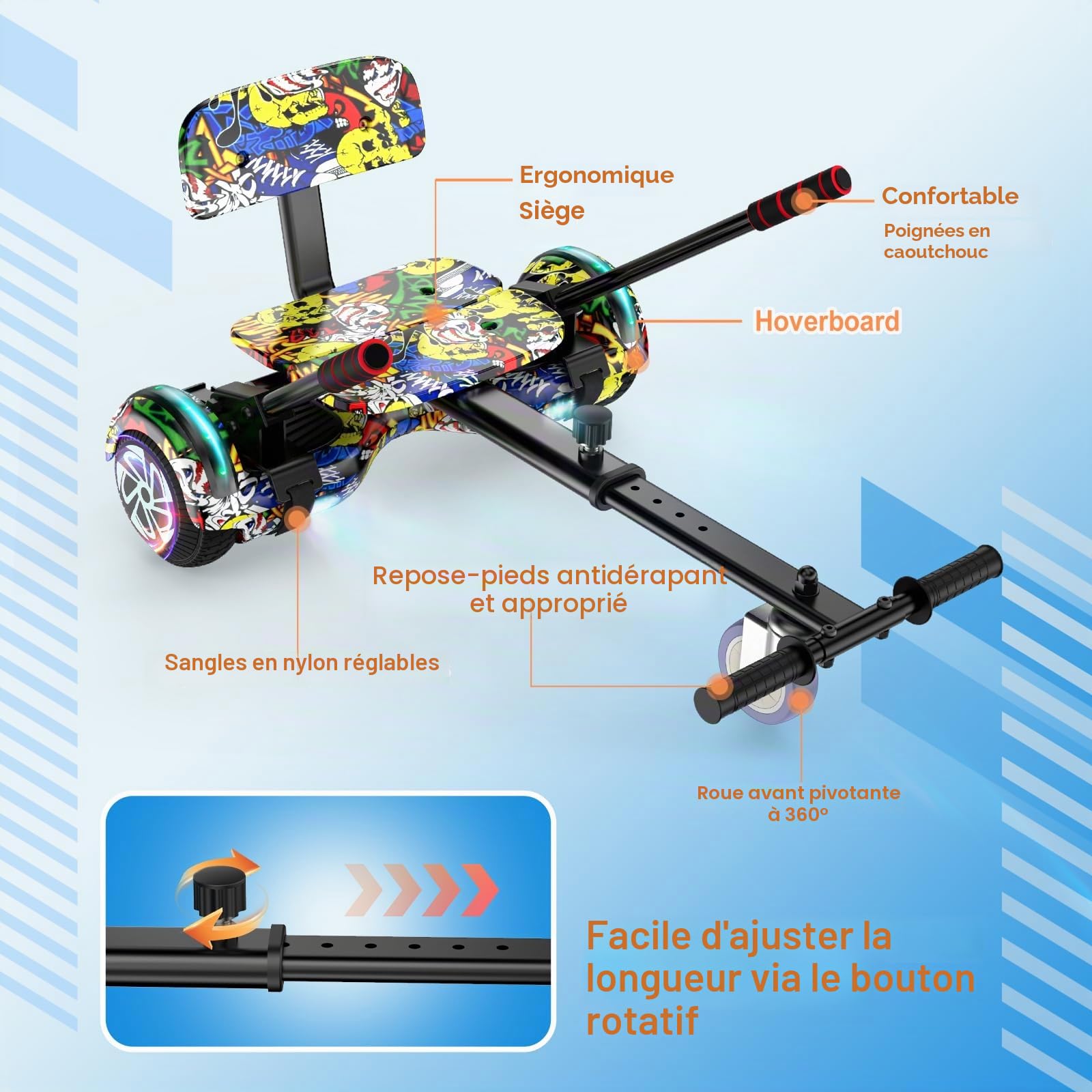Scooter Seat Attachment, Ajustable Frame Length Scooter Go Kart Combo, Safety Certified Hoverboard Go Kart for Kids