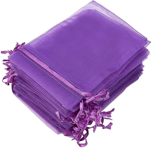 Miniatura 3 de Wuligirl - 100 bolsas de organza transparentes de 5 x 7 pulgadas, paquetes de cordón morado, bolsas de joyería para lápiz labial, bolsas de regalo