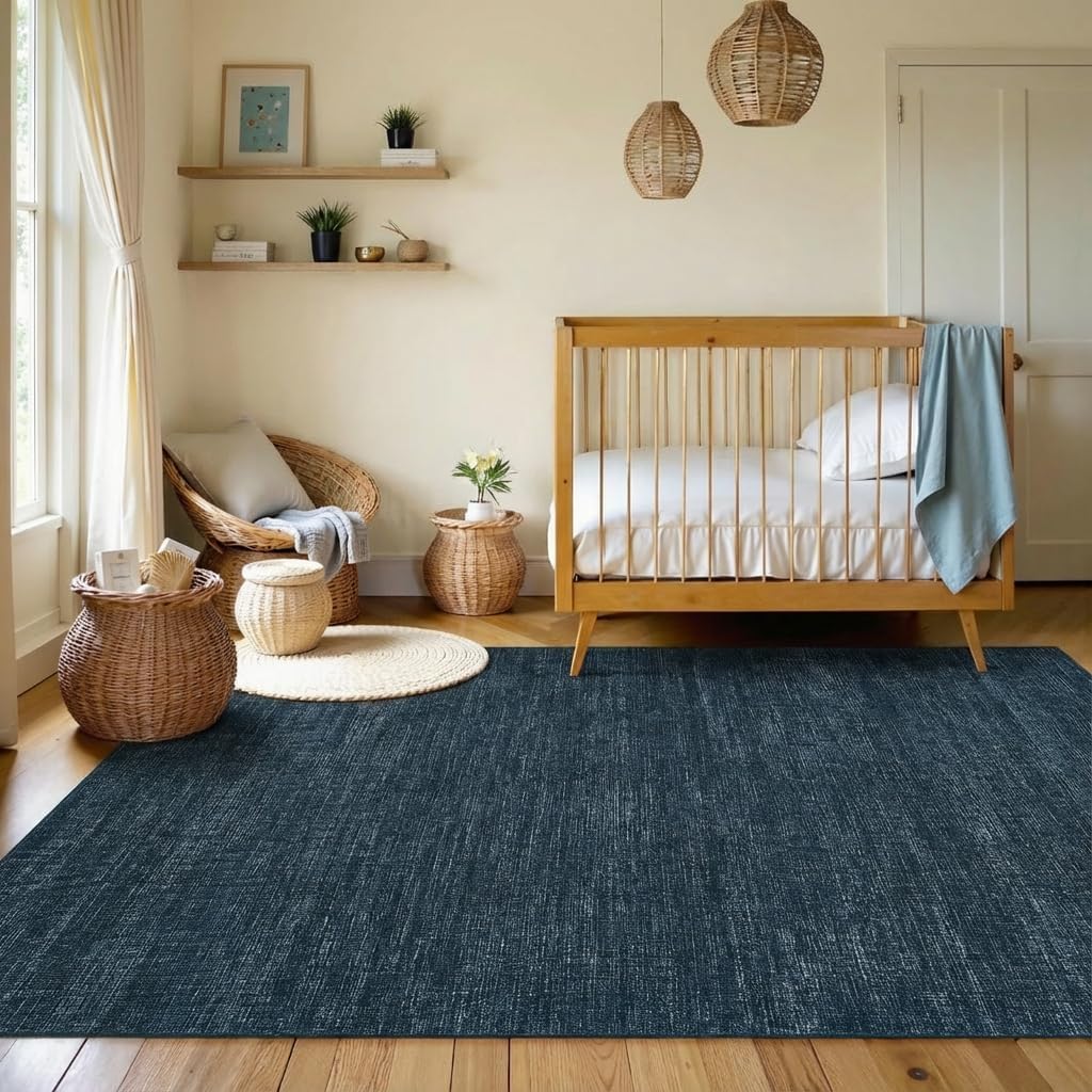 Garvee 4x6 Kids Rugs for Bedroom Machine Washable Area Rugs Modern Solid Color Print Floor Covering with Non Slip Backing Low Pile Ultra Soft Mats Stain Resistant Contemporary Rug for Bathroom, Navy