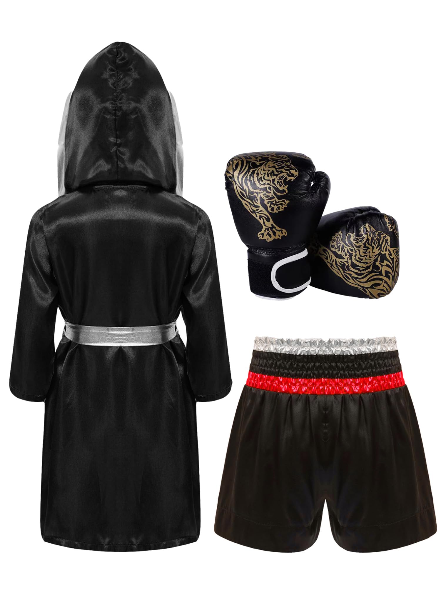 renvena Accappatoio Boxe per Bambini Adulti Pantaloncini Muay Thai Kick Boxing per Arti Marziali MMA + Guantoni da Boxe Accessorio per Costume Sportivo
