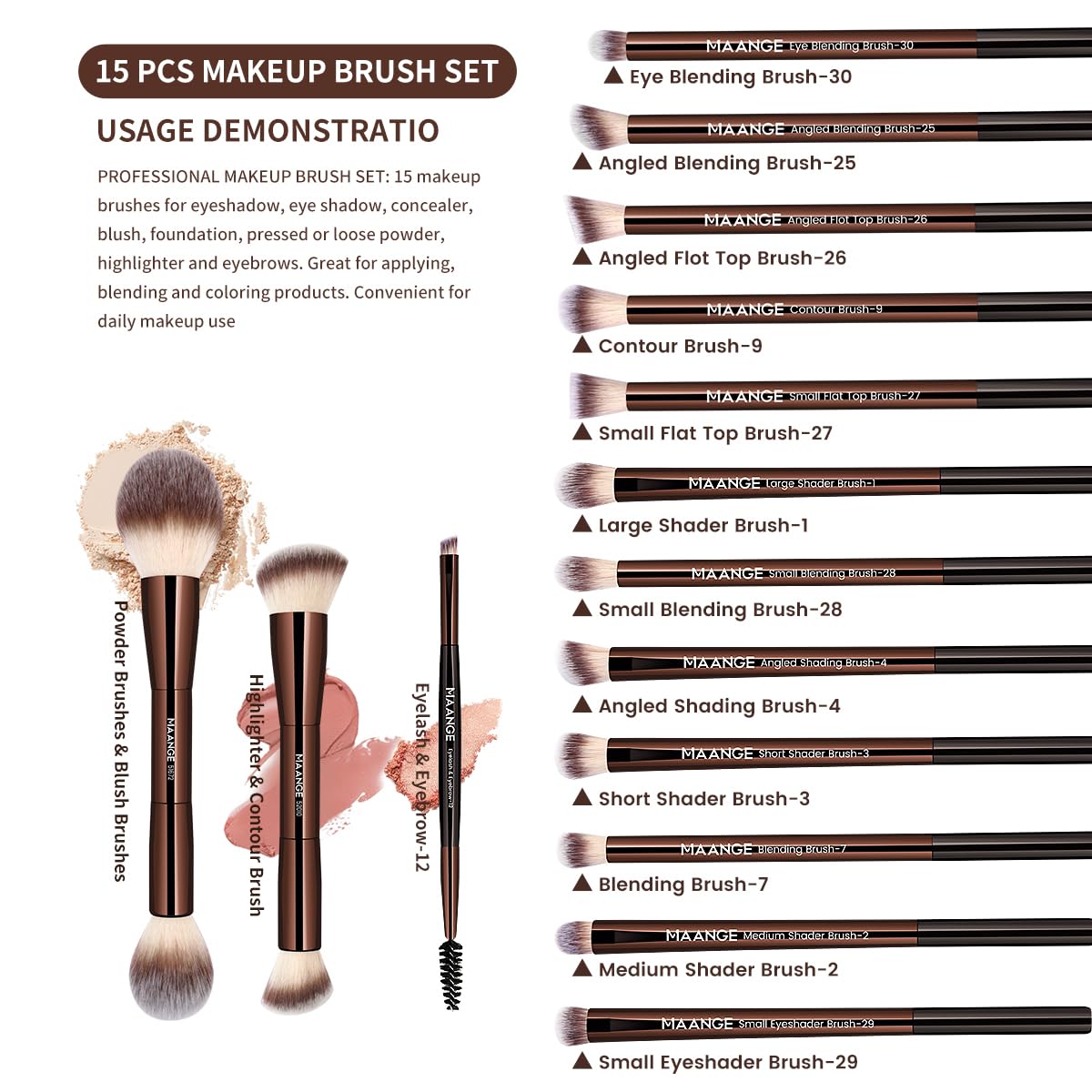 MAANGE Set di 15 pennelli da trucco a doppia estremità, con punta angolata/rotonda, per fondotinta, contouring, sopracciglia, ombretto, correttore (caffè)