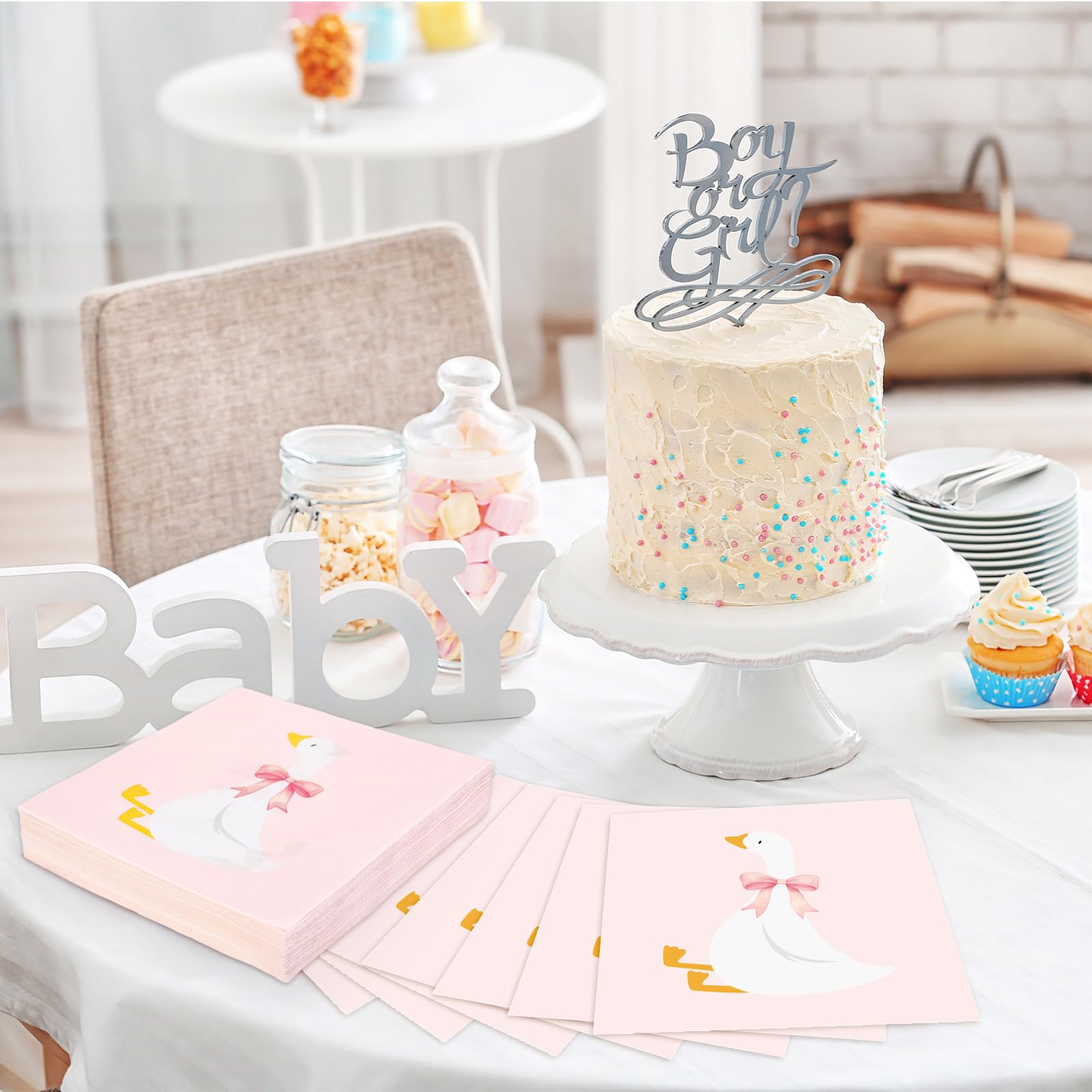 FYSUIMU 50 servilletas de papel de ganso tonto con lazo rosa, servilletas desechables para almuerzo, cena, para cumpleaños, baby shower, fiesta, suministros de mesa