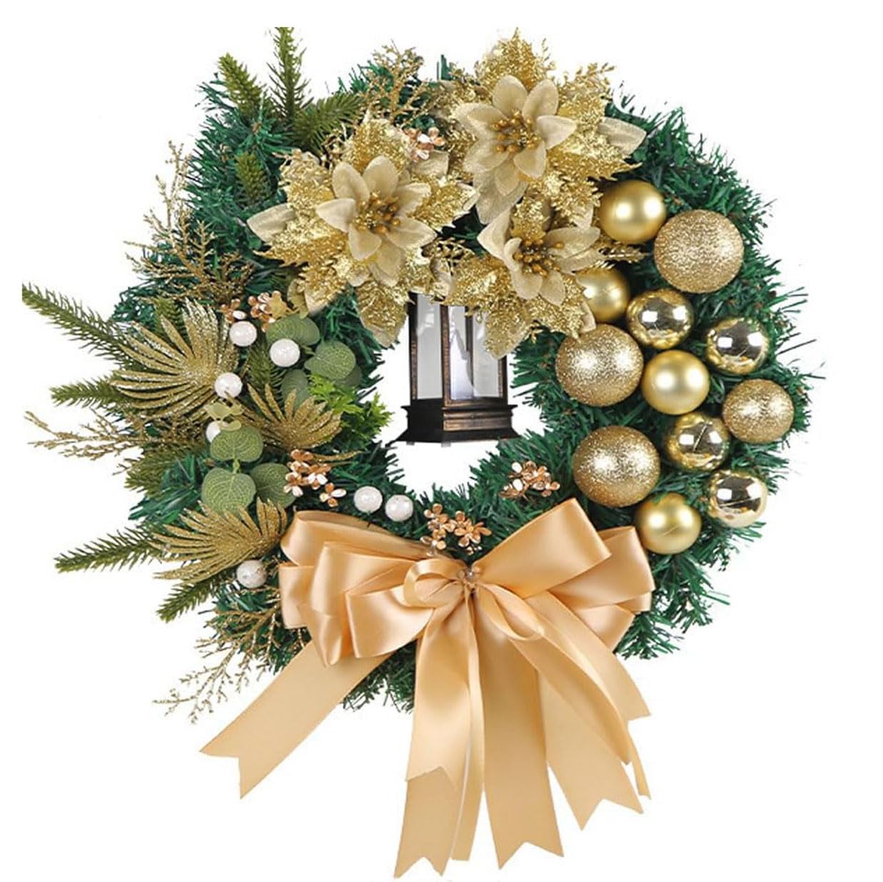 TBUY ROSE Artificial Christmas Wreaths for Front Door Christmas Decor with Christmas Gold Glitter Poinsettias Artificial Flowers Golden Balls and Bow Style Indoor Outdoor Home Decorations, 15.7 inches