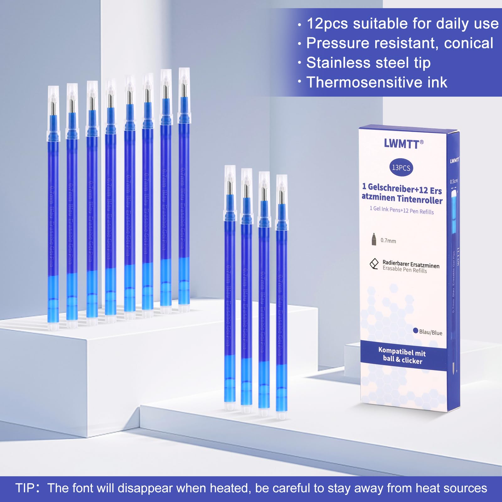 14 Recambios De Mina Para Bolígrafo Gel Borrable - Punta 0.7 Mm, Tinta Azul, 13 Cm - Compatibles Legami - Para Oficina Y Escuela