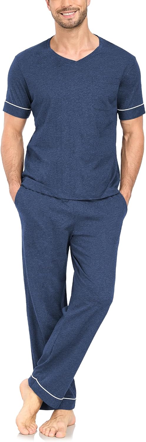 COLORFULLEAF Mens 100% Cotton Pajamas Set Short Sleeve V-Neck Sleepwear Soft Loungewear Pjs with Pockets