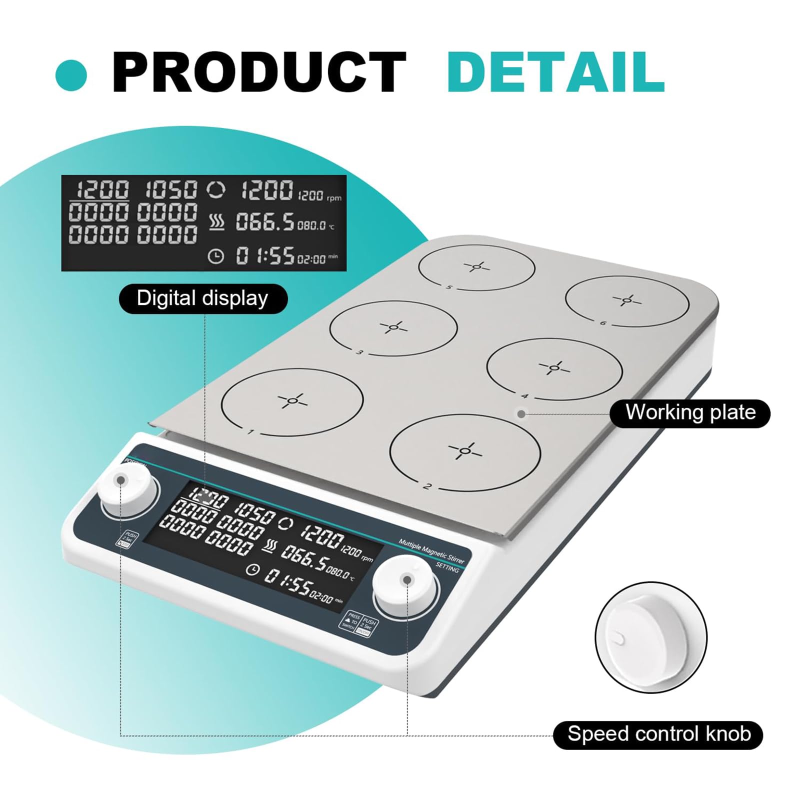 Piastra riscaldante con agitatore magnetico a 6 posizioni con riscaldamento - 6 agitatori da laboratorio da 500 ml, miscelatore magnetico con timer, controllo asincrono, display digitale,Silver