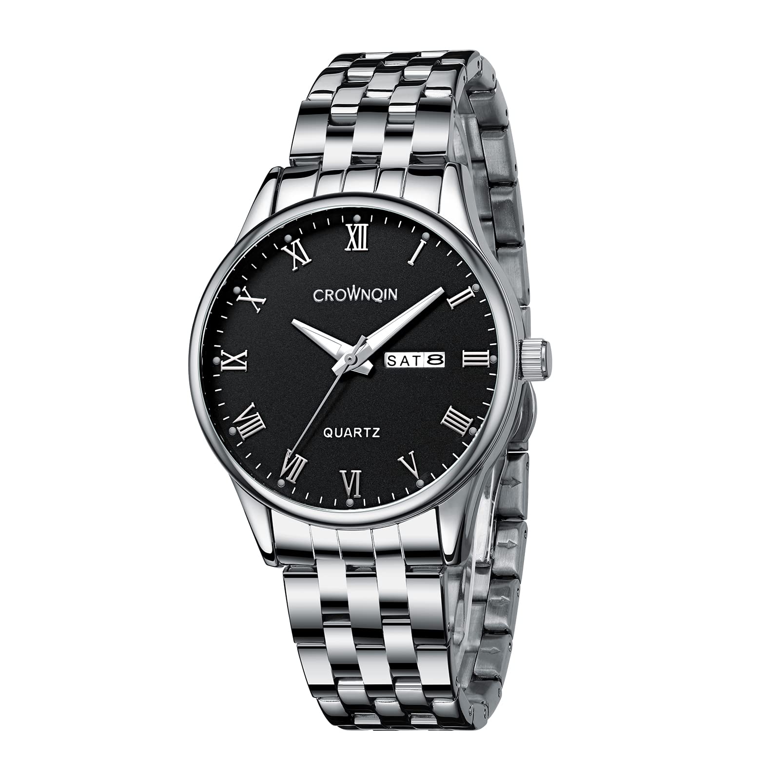 CROWNQIN Fashion Mens Silver Watch Classic Business Wrist Watches with Stainless Steel Waterproof Quartz Watch for Men Auto Date, Silver/black, Quartz Watches (B08THG3VT7) Amazon Price History, Amazon Price Tracker