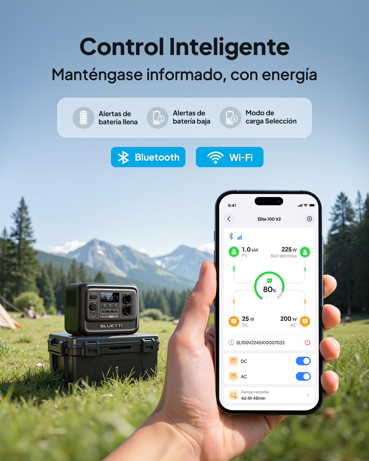 BLUETTI Elite 100 V2 Generador Solar Portátil 1024Wh, Batería LiFePO₄, 1800W (3600W Pico), 35% Más Compacto, Estación de Energía para Acampar, Hogar, Emergencias, UPS, Panel Solar Opcional