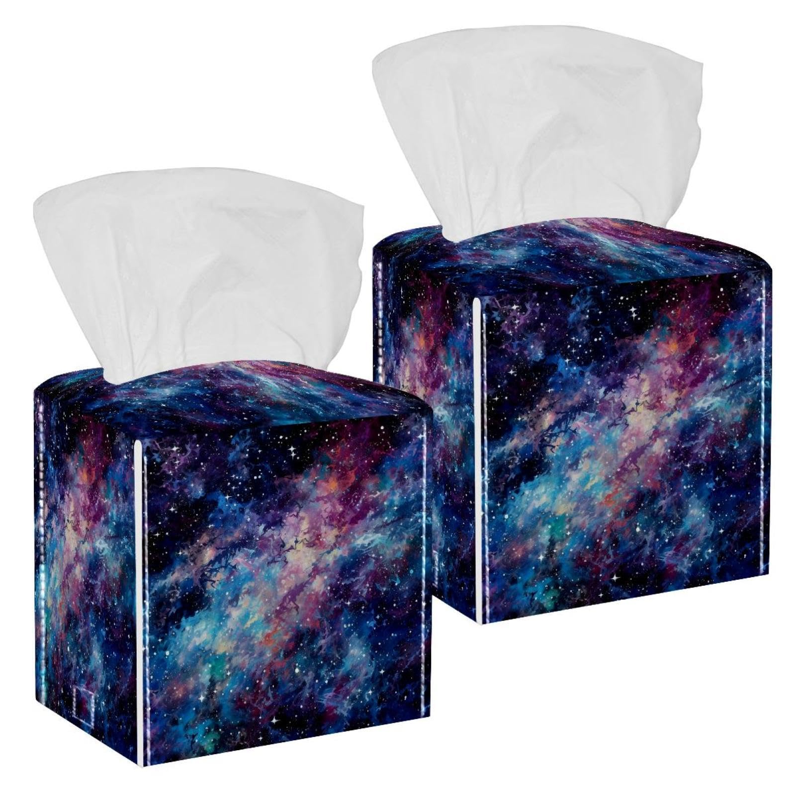 Starry Sky Night Tissue Box Cover, 2 Pack PU Leather Square Facial Tissue Dispenser Box holder for Home Office Car