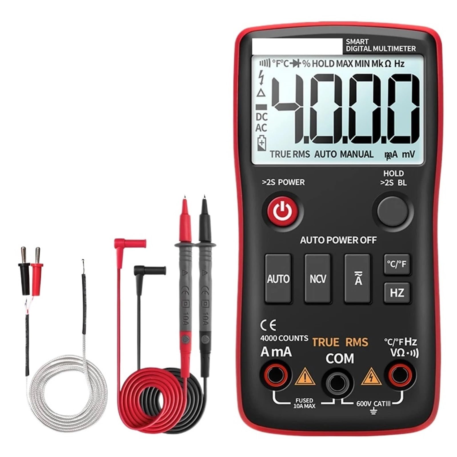 AN113A Digital Multimeter Smart Auto Range 4000 Counts True AC/DC Voltage Temperature Ohm Hz Transistor Tester Meter(Black)