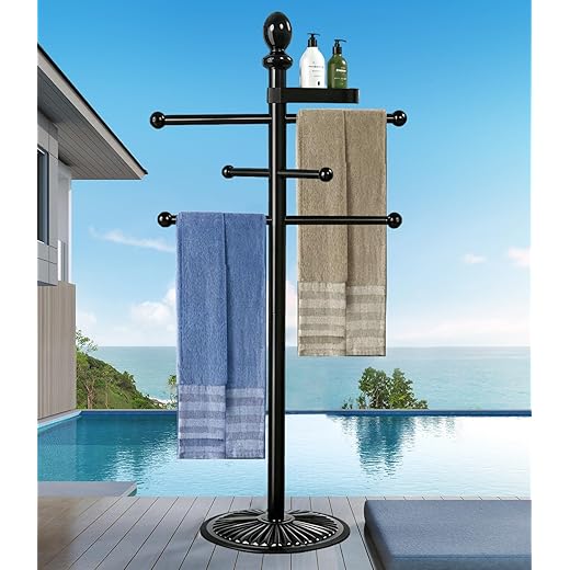 Pool Towel Rack Outdoor, 6 Bars with Top Tray Metal Heavy Duty Never Tilt Pool Accessories with Heavy Metal Base, Hot Tub Accessories Towel Dying Rack Towel Stand for Pool, Hot Tub etc