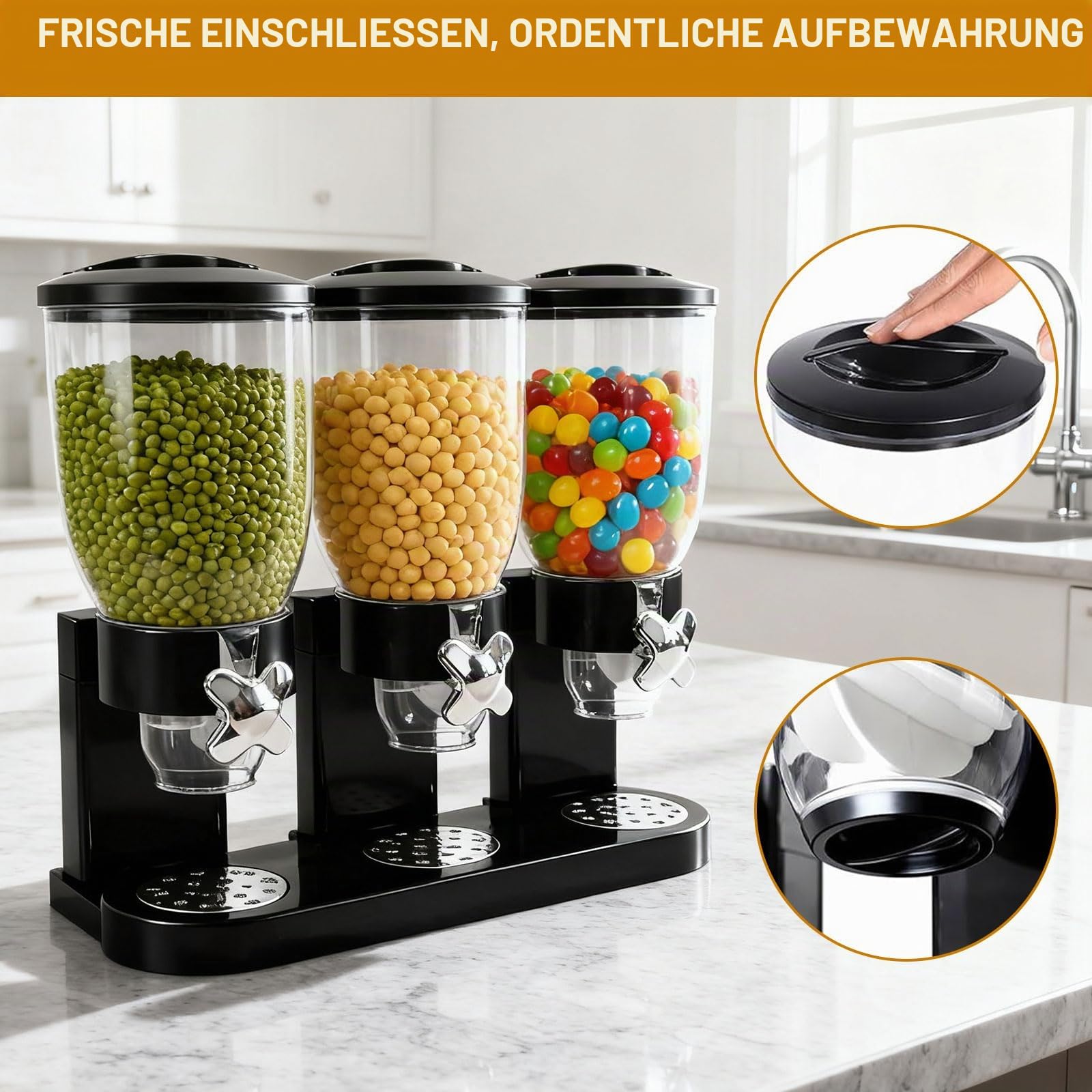 Cereal Dispenser 2L, Dreifacher Müsli Verteiler für die Arbeitsplatte, Müslispender 3er Set Luftdichte Behälter für Müsli, Reis, Körner, Süßigkeiten, Kaffebohnen