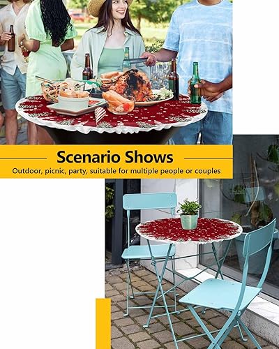 Miniatura 6 de SEVENBABU Mantel redondo de Navidad de 45 a 54 pulgadas, impermeable, reutilizable, mantel elástico redondo ajustable para fiestas al aire libre,