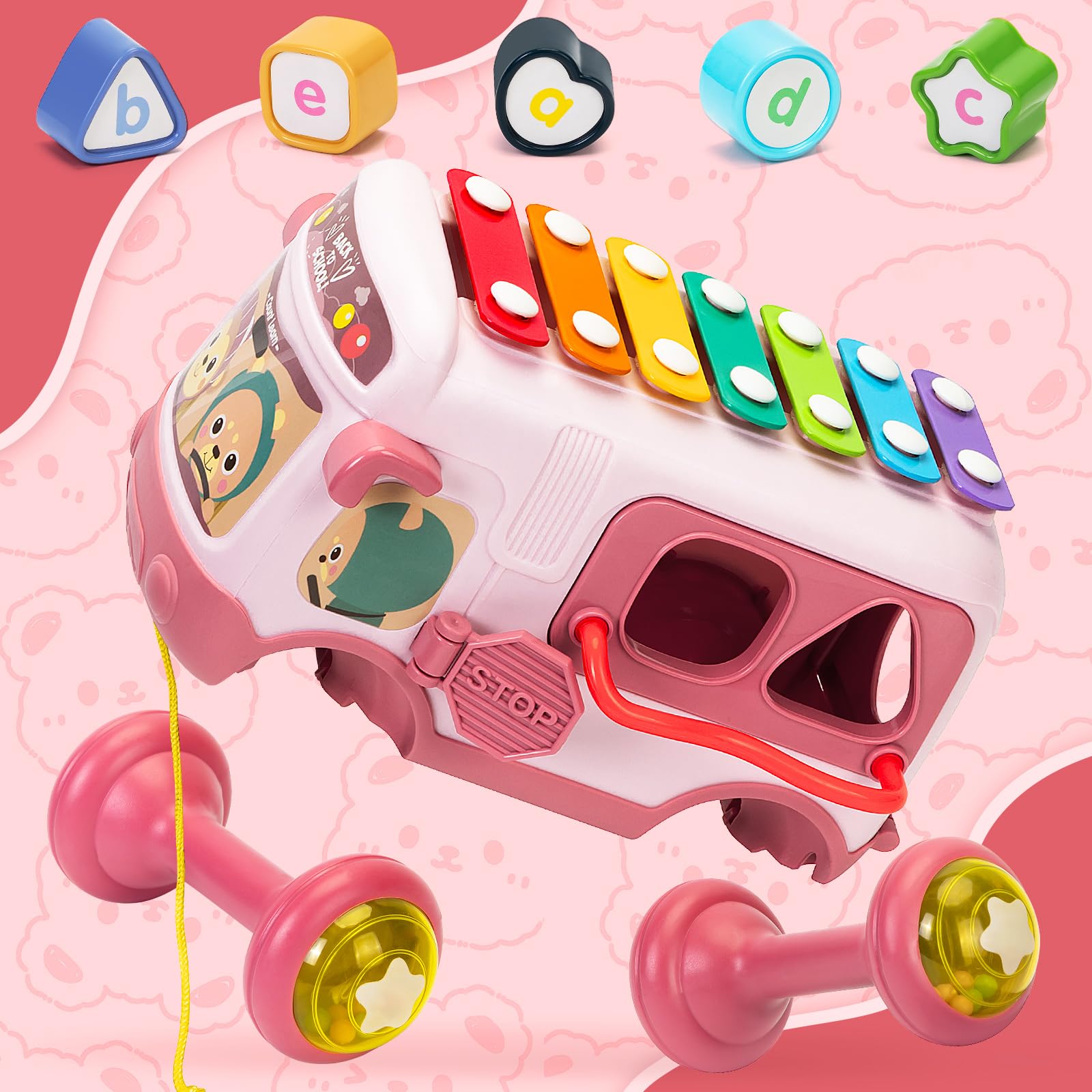 Jouet Fille 1 an, Jouets Bebe 12 à 18 Mois Bus Musicaux Sensoriel avec Xylophone, Trieur de Formes Jouet éducatif précoce, Cadeaux pour Les Enfant 12 Mois+ Rose