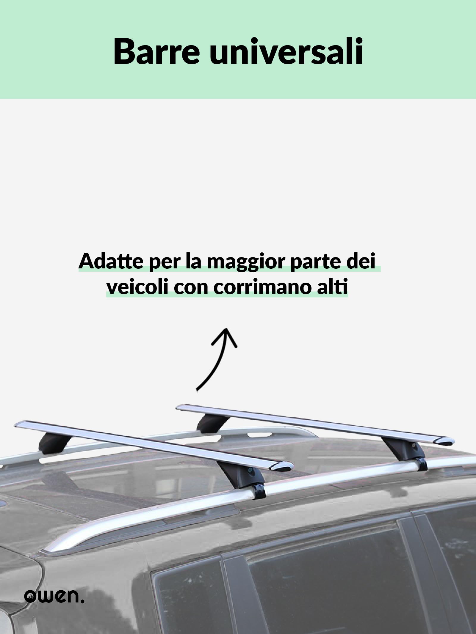 Barre Portatutto Owen 5.0 - Per Auto Con Corrimano Alto, 120 Cm, Portata 90 Kg, In Alluminio