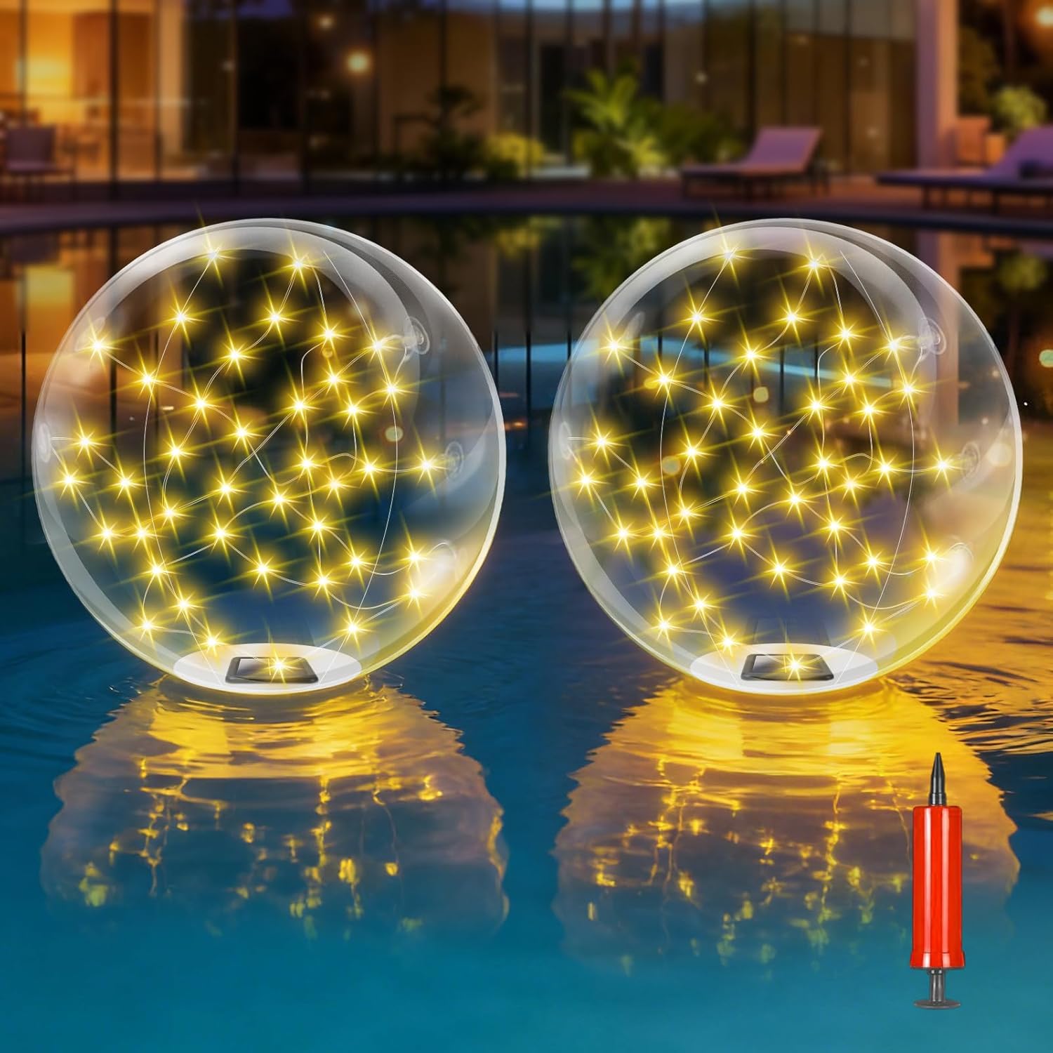2026 New 2 Pack Floating Pool Lights, Warm White Solar Powered Pool Lights That Float with 8 Modes, IP68 Waterproof Light Up Solar Inflatable LED Balls for Pools Outdoor Party Wedding Yard Decorations