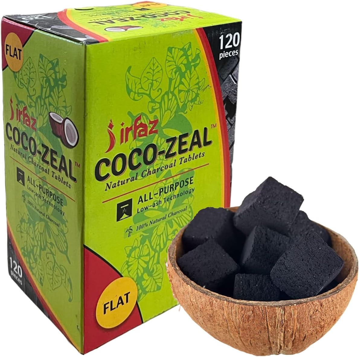 Coco-Zeal Coconut Charcoals Cubes Afzal Hookah Shisha Coals Natural Shell [Irfaz Retail Pkg 120 Flat Cubes 2.5x2.5x1.5