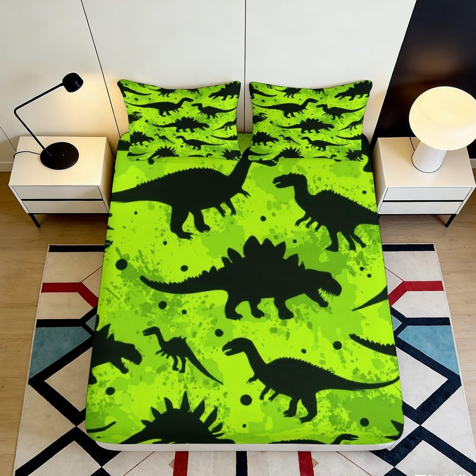 Jqzkxnhpbr Style-8 3D Printed Green Dinosaur Fitted Sheet Microfiber Soft Decor Black Jurassic Bed Cover For Bedroom Dorm Guest Room 90X200x25cm