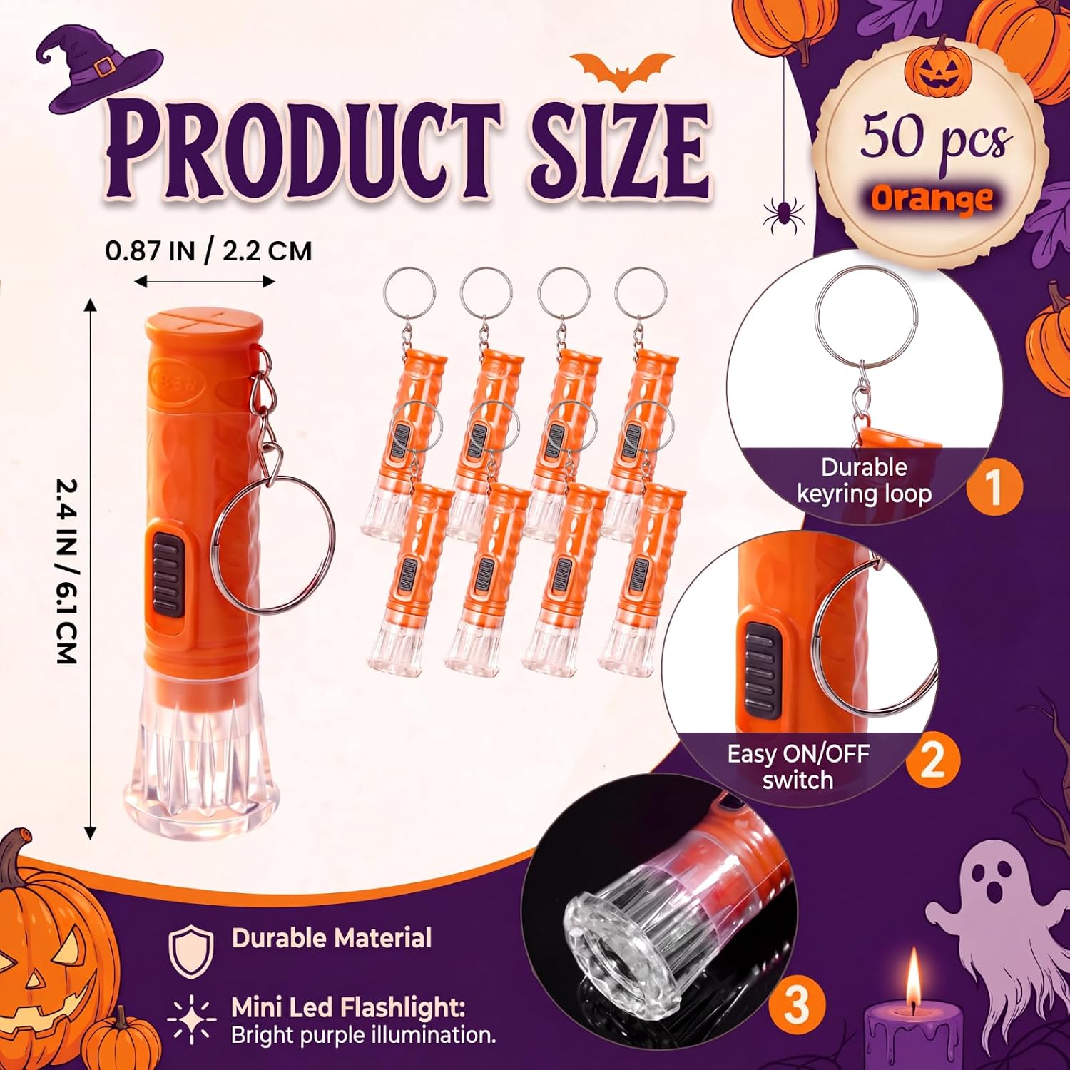 Jexine 50 Pcs Mini Flashlight Keychains Bulk, Orange