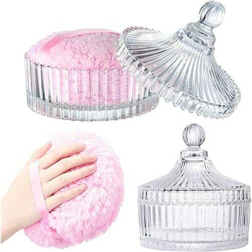 Body Powder Puff and Container Extra Large, 6" Crystal Glass Storage Jars with Oversize Dustproof Lid for Loose Powder with Soft Washable Reusable Fluffy Puff Perfect for Skin Care