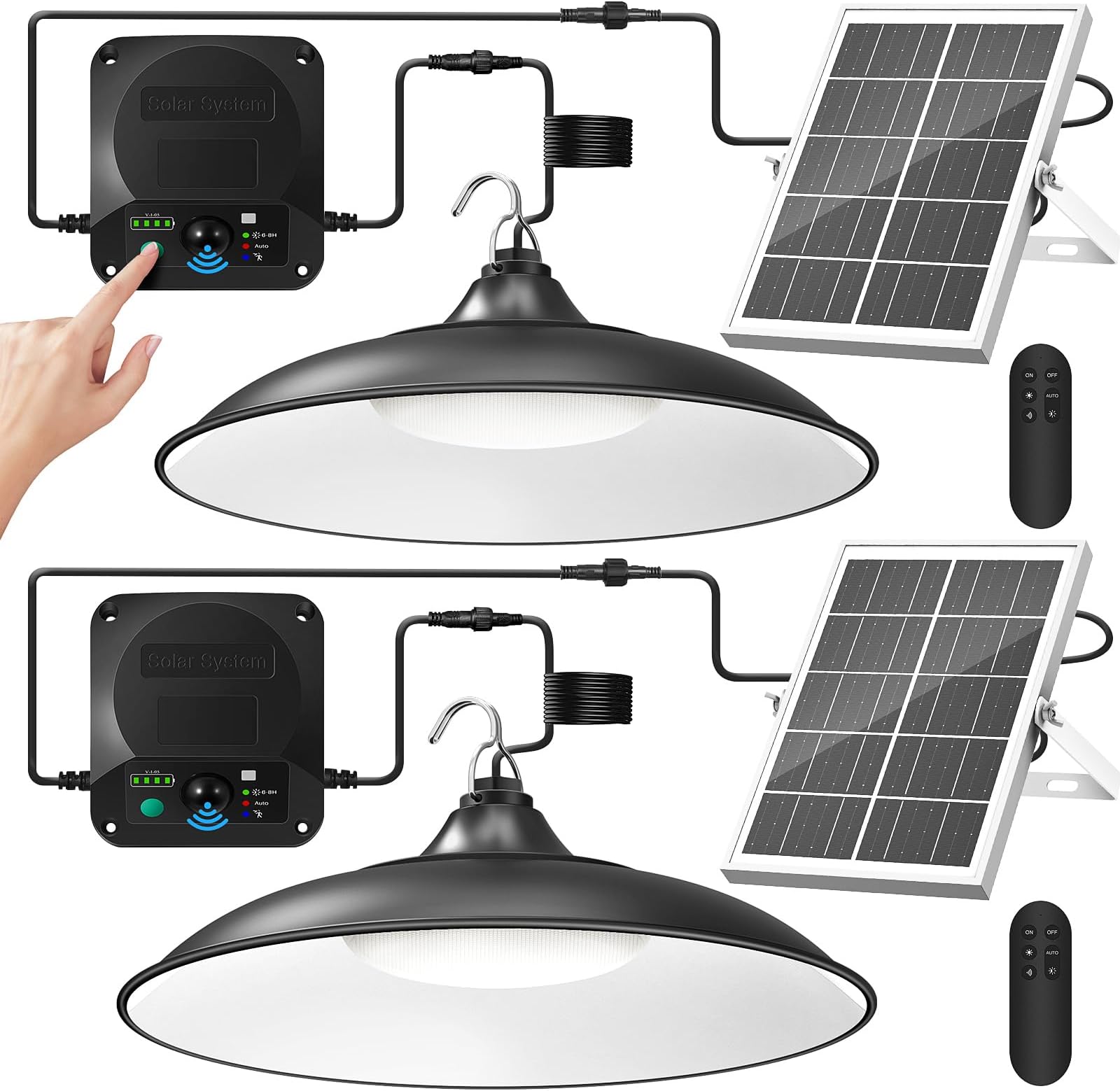 Solar Shed Light Indoor Outdoor, 2Pack 2000LM Motion Sensor Pendant Light, Daytime Available Solar Indoor Lights with 4 Lighting Modes Remote Control for Barn, Patio, Gazebo, Shop, Garage