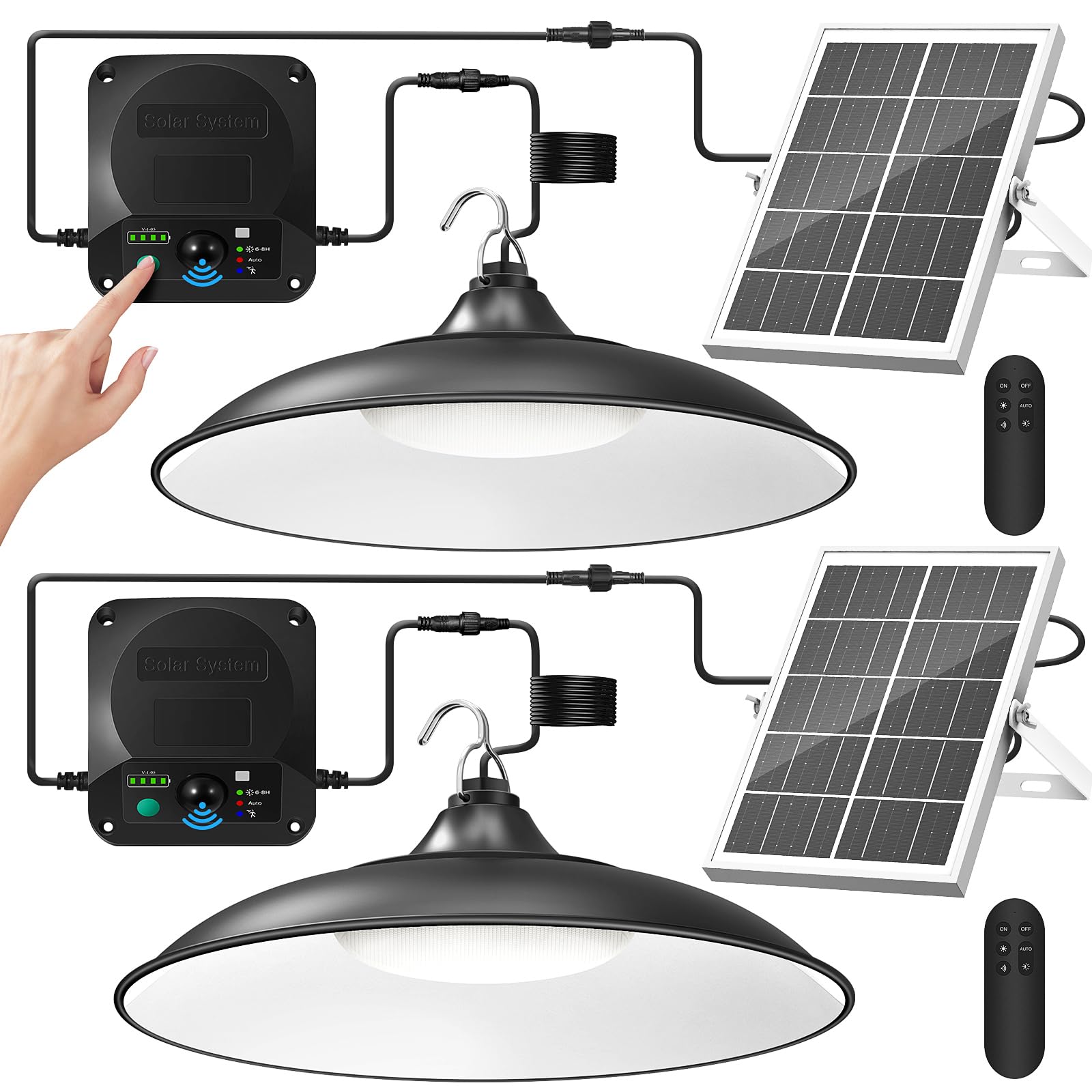 Solar Shed Light Indoor Outdoor, 2Pack 2000LM Daytime Available Motion Sensor Pendant Light, Solar Indoor Lights with 4 Lighting Modes Remote Control for Barn, Patio, Gazebo, Shop, Garage